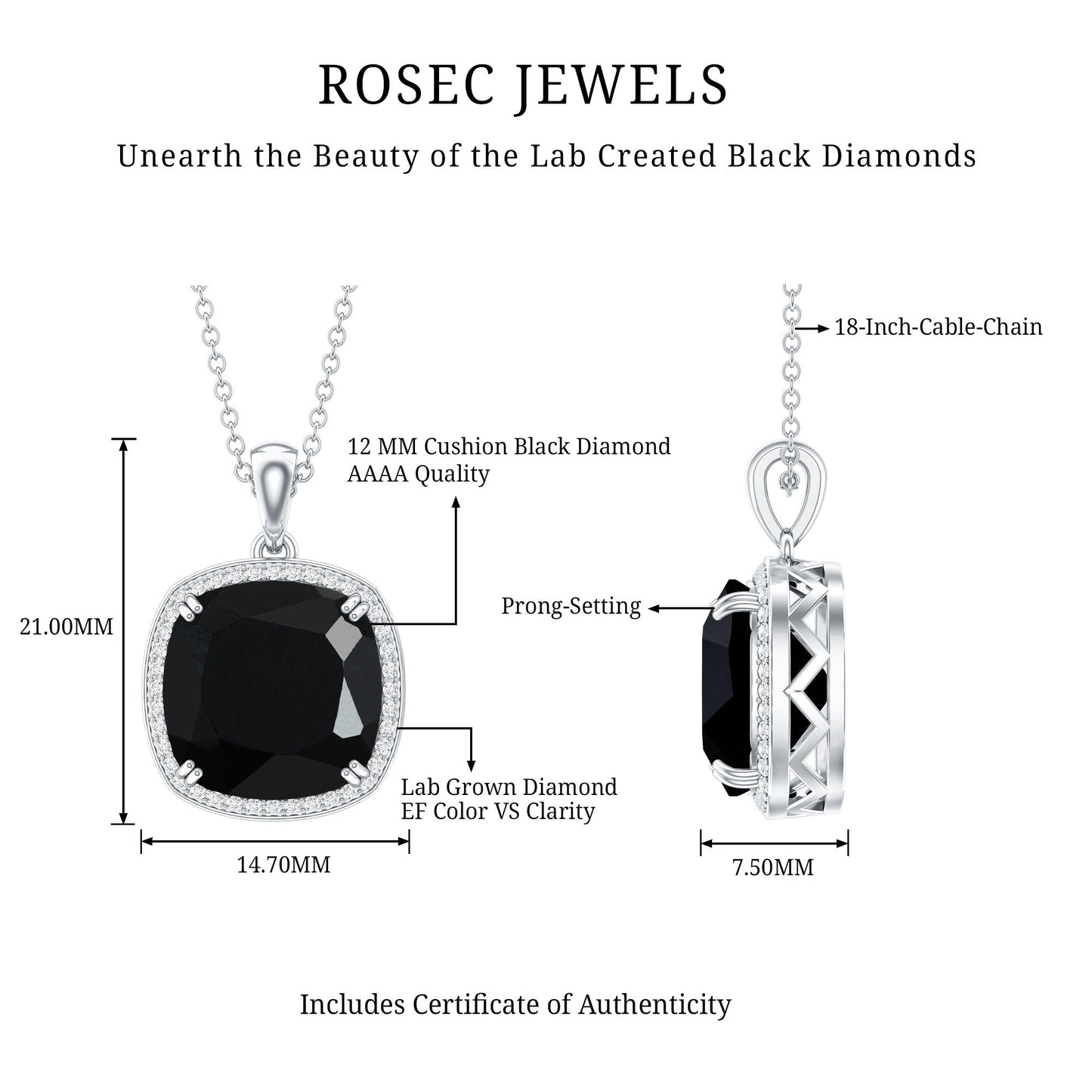 6 Carat Cushion Cut Lab Grown Black and White Diamond Halo Necklace
