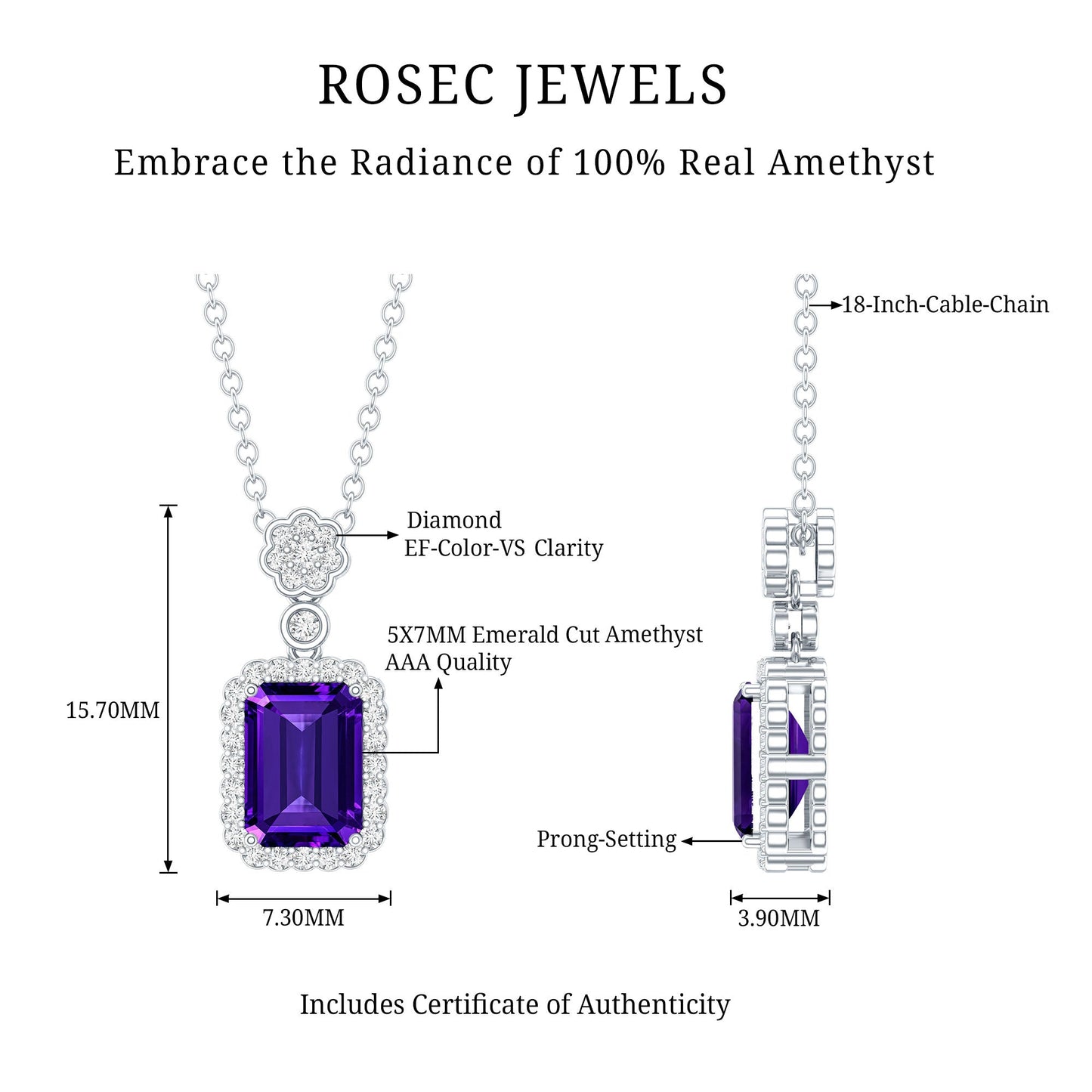 Genuine 1.1 Carat Emerald Cut Amethyst Vintage Necklace with Diamond Halo
