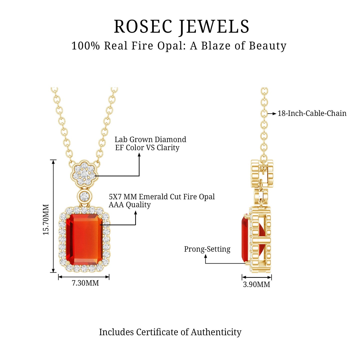 Vintage Style 1 Carat Emerald Cut Fire Opal Necklace with Diamond