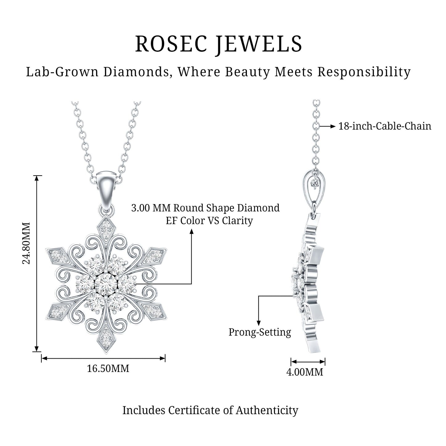 Lab Grown Diamond Christmas Snowflake Pendant Necklace