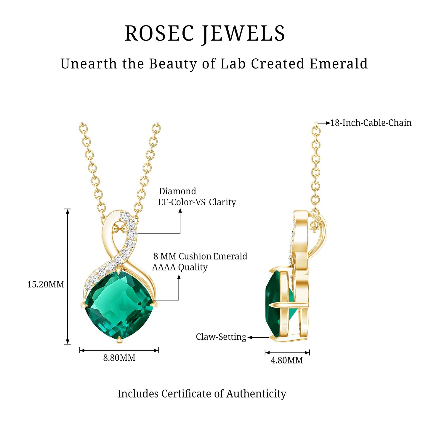 2 Carat Cushion Cut Lab Grown Emerald Infinity Necklace for Women