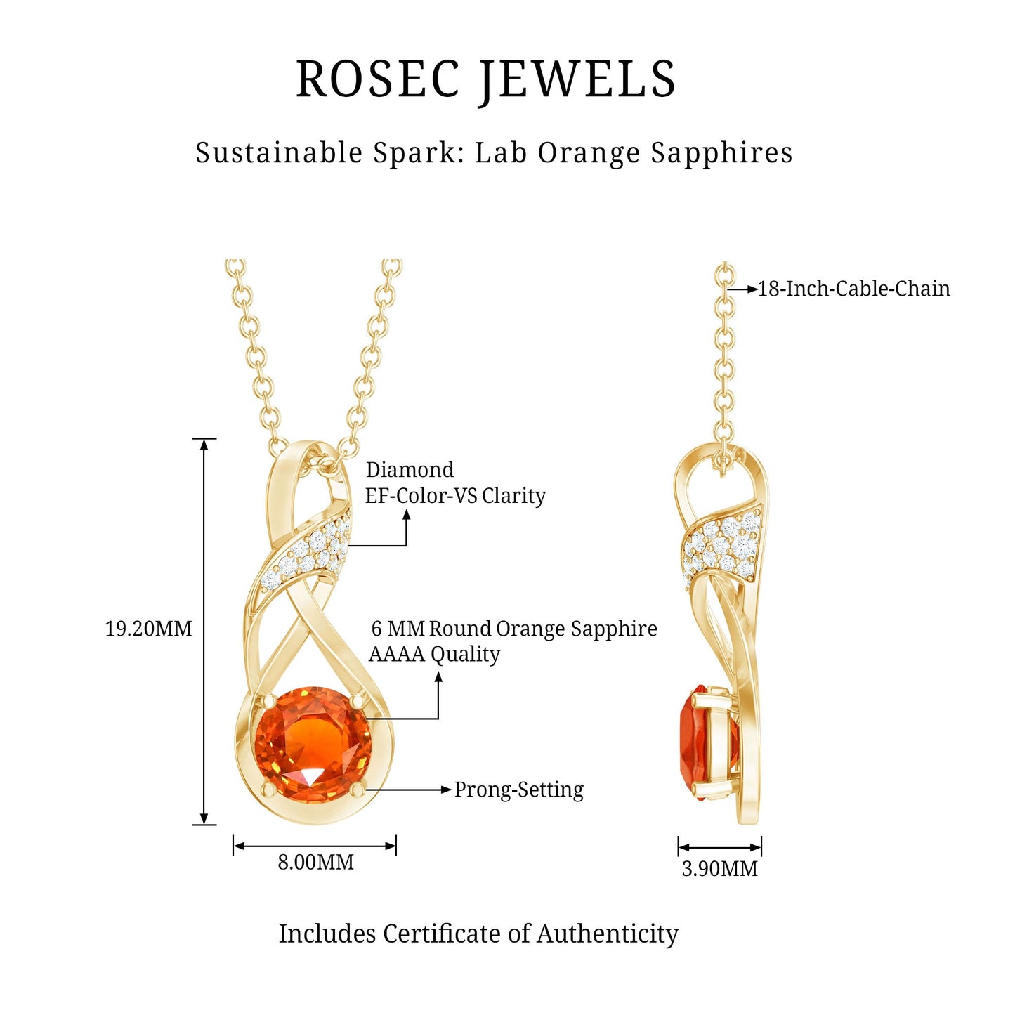 1 Carat Lab Grown Orange Sapphire Infinity Pendant Necklace with Diamond