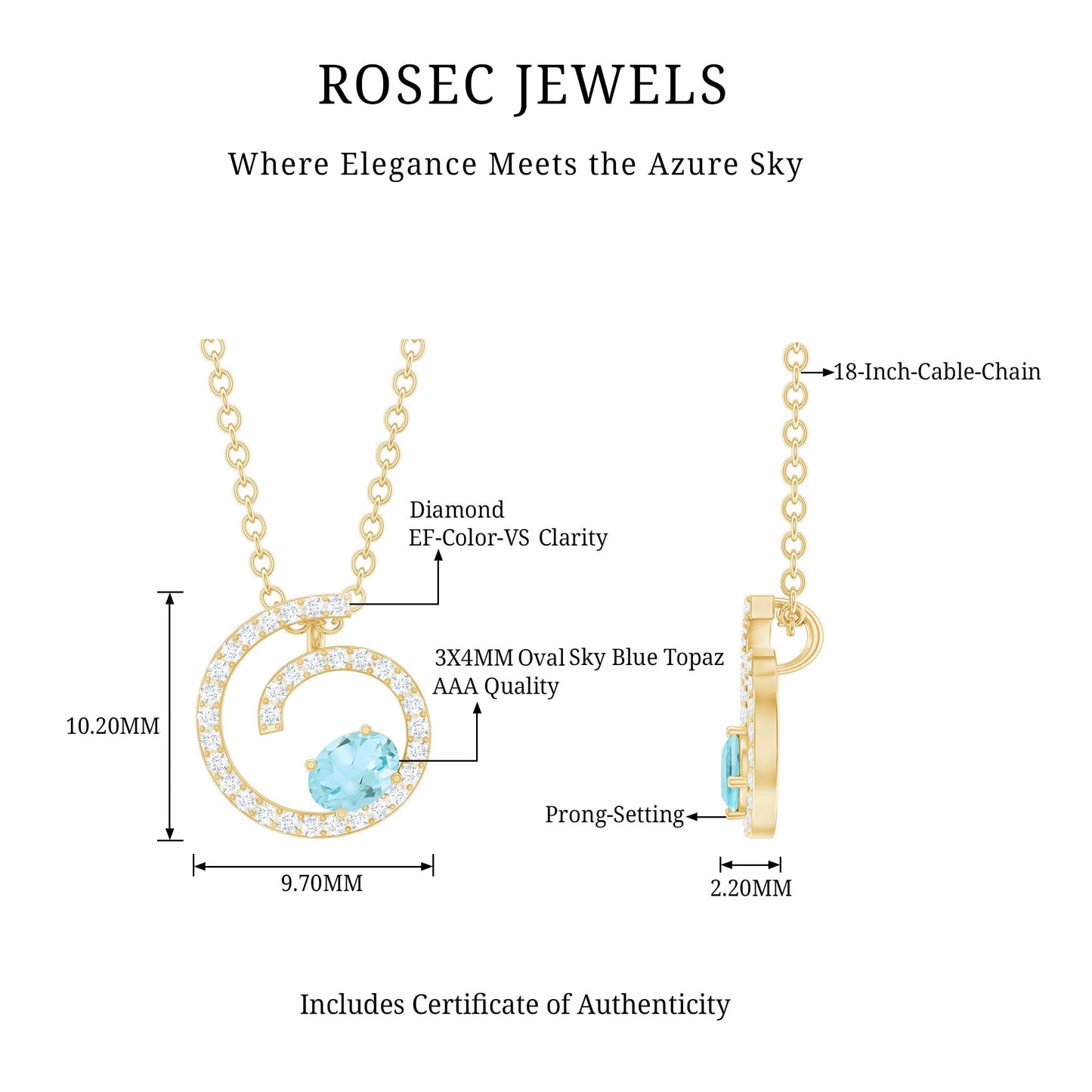 Genuine Sky Blue Topaz and Diamond Swirl Necklace with Silver Chain