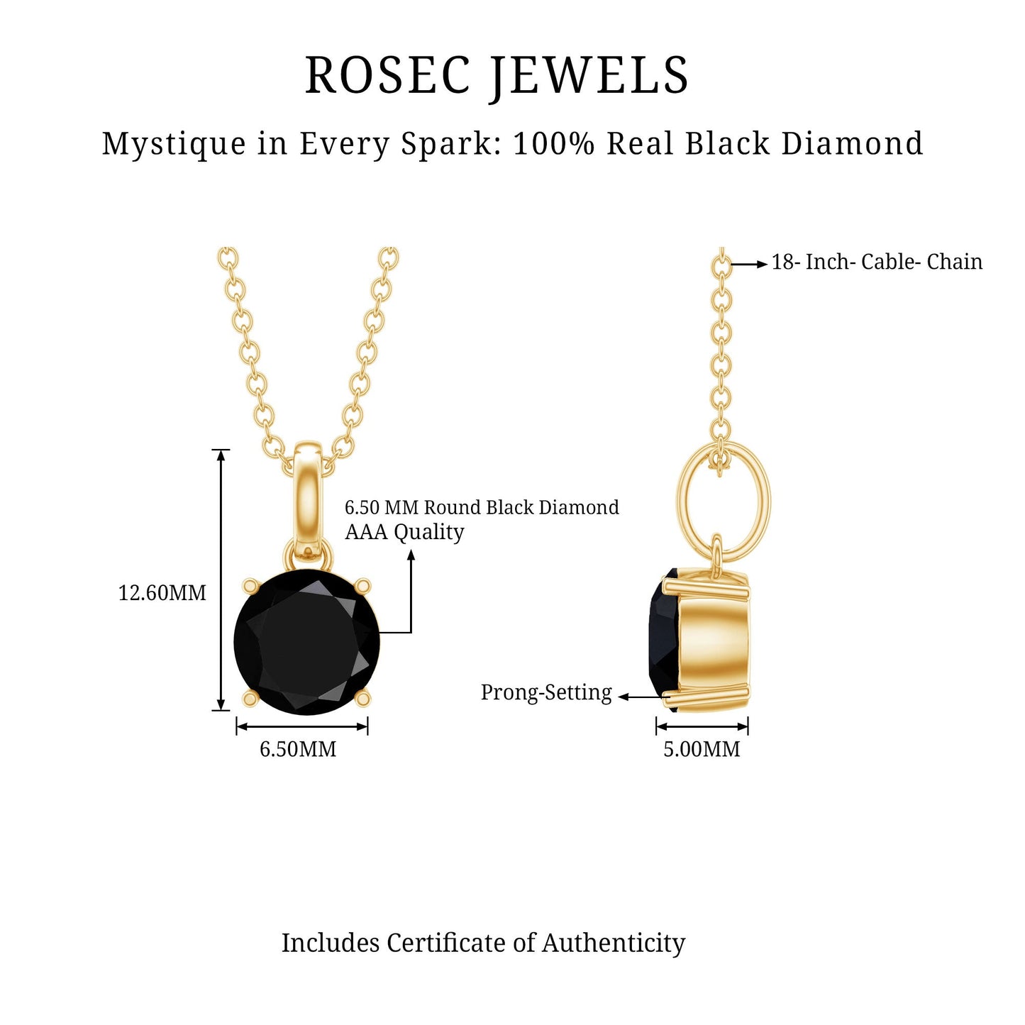 Natural 1.45 Carat Black Diamond Solitaire Necklace with Silver Chain