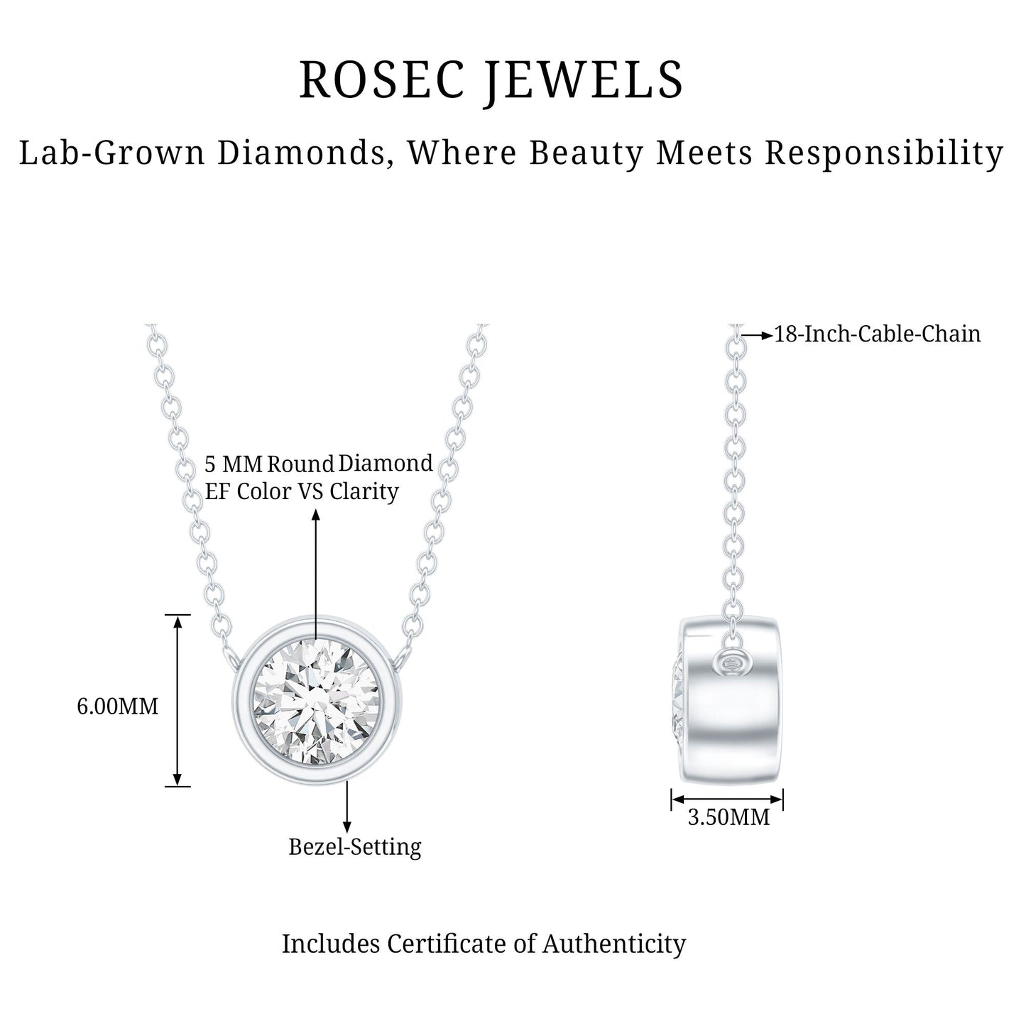 Bezel Set Lab 5 MM Round Diamond Solitaire Necklace