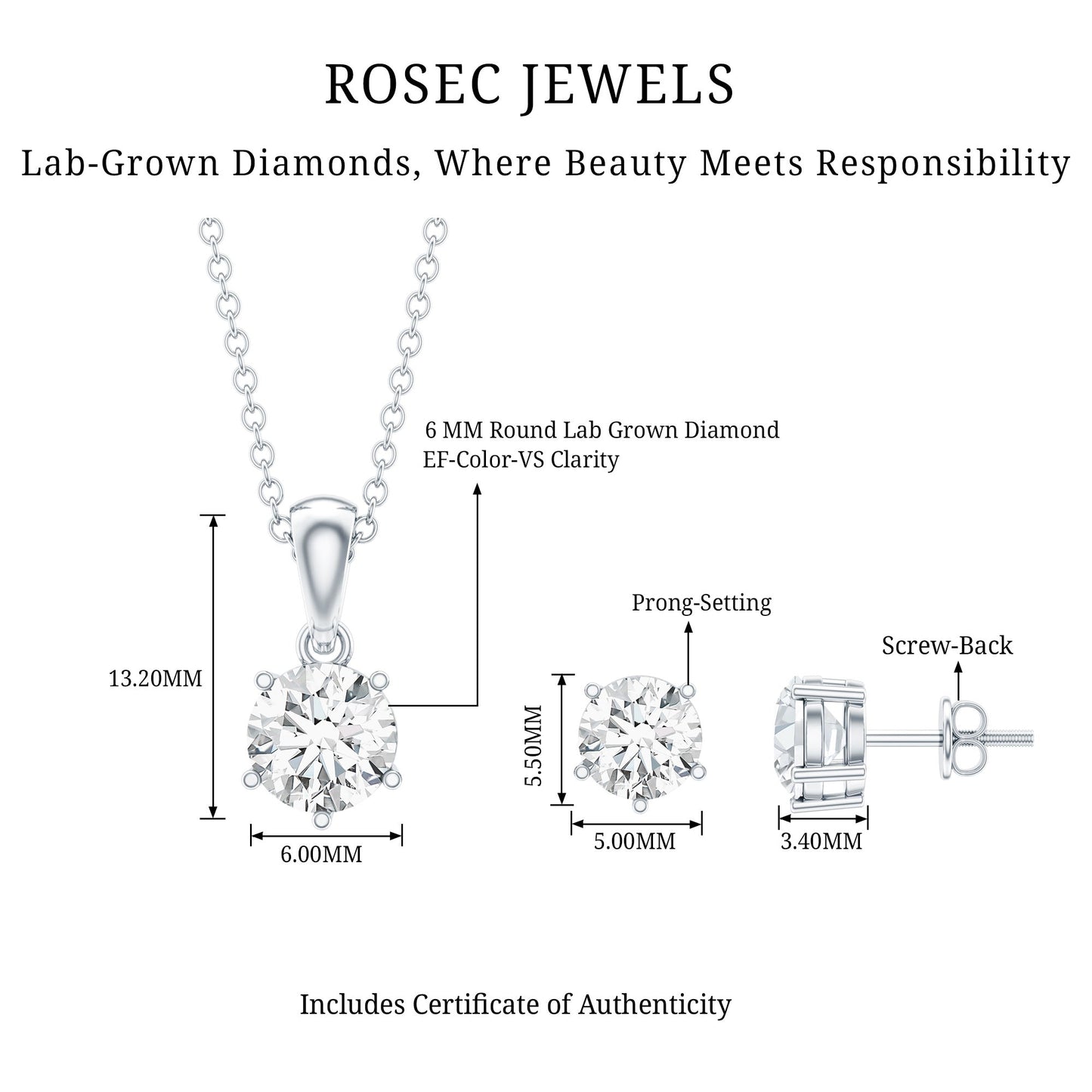 Certified Lab Grown Diamond Solitaire Necklace and Earrings Set