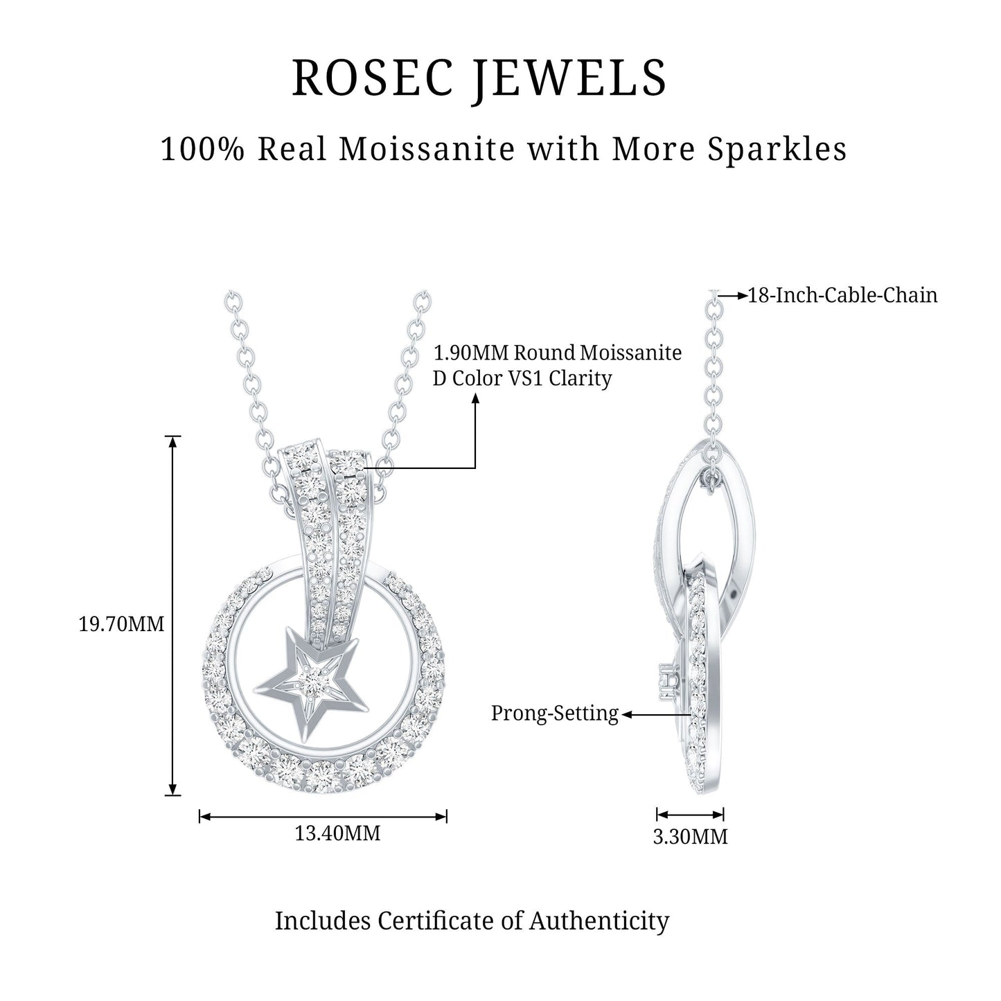 Certified Moissanite Shooting Star Pendant with Silver Chain