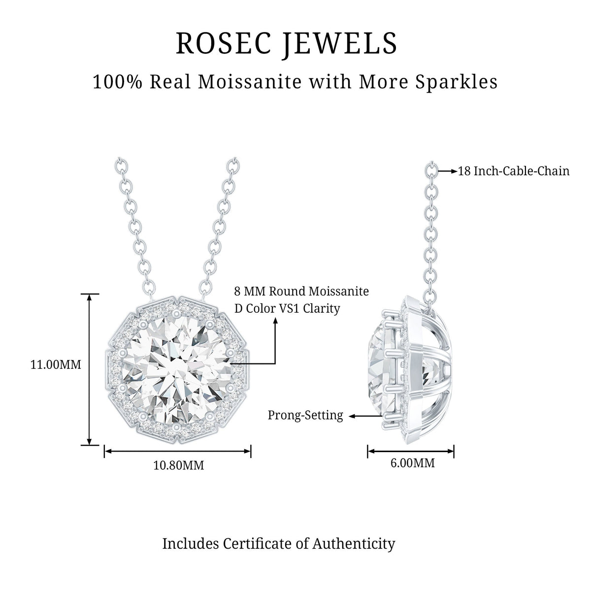 Certified 2 Carat Round Moissanite Designer Necklace with Silver Chain