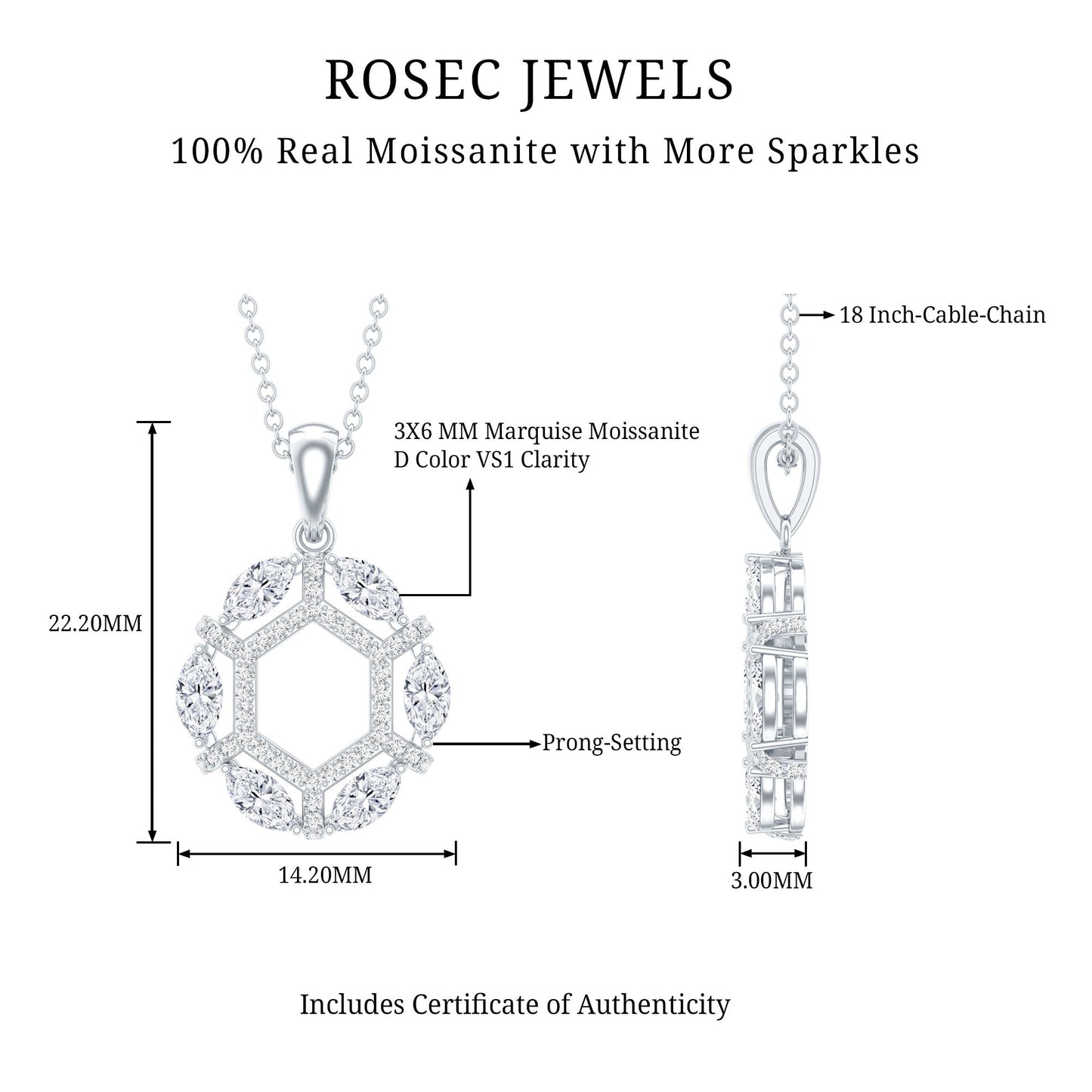 Womens Moissanite Designer Eternity Necklace with Silver Chain