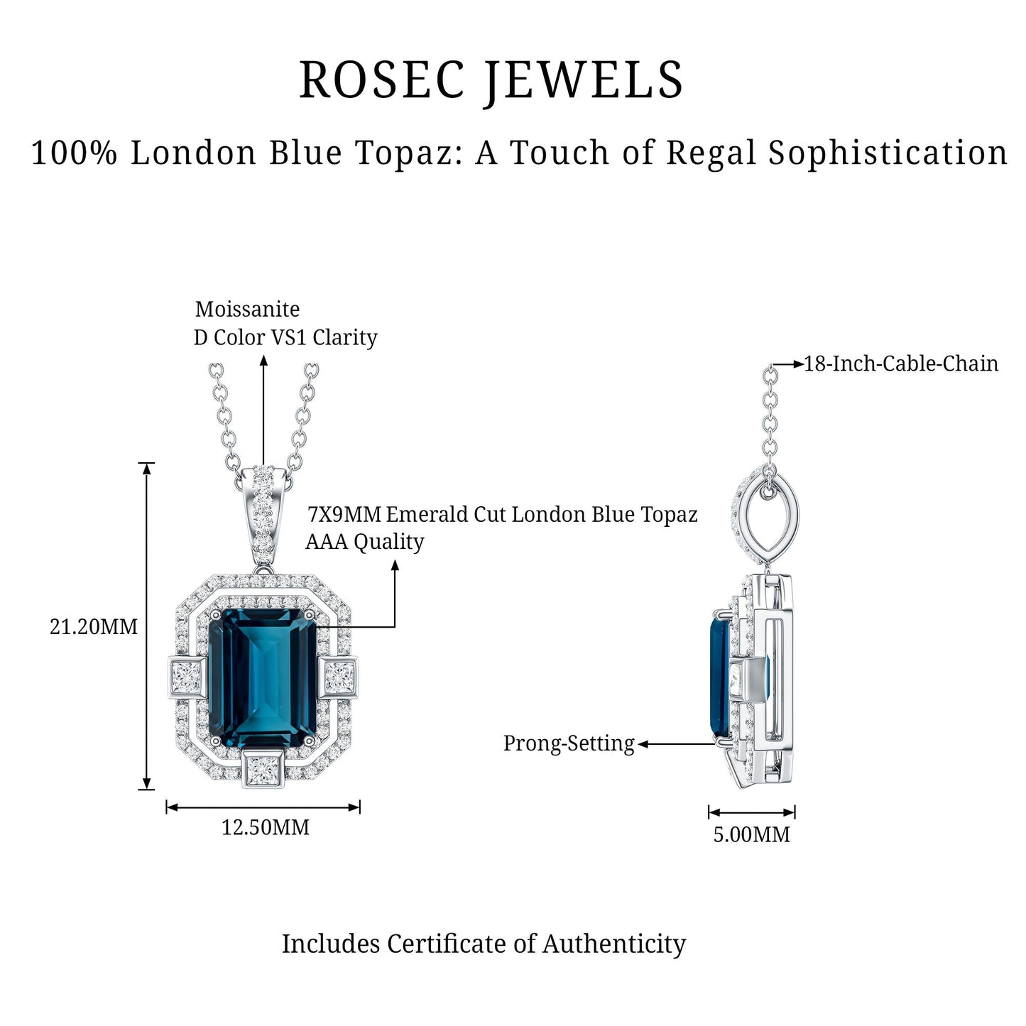 Certified 1.8 Carat Emerald Cut London Blue Topaz Vintage Necklace with Silver Chain