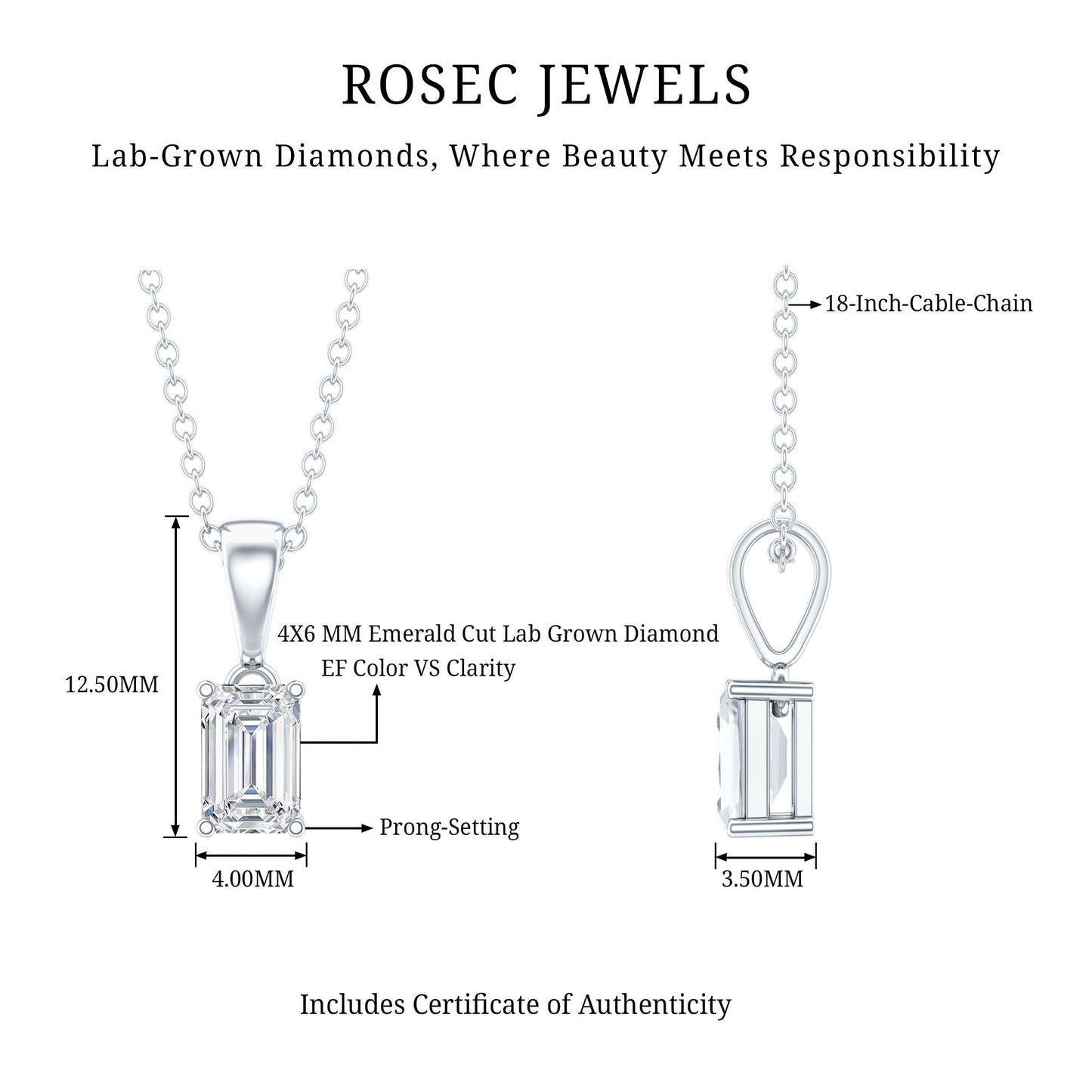 0.7 Carat Lab Grown Diamond Emerald Cut Necklace with Silver Chain