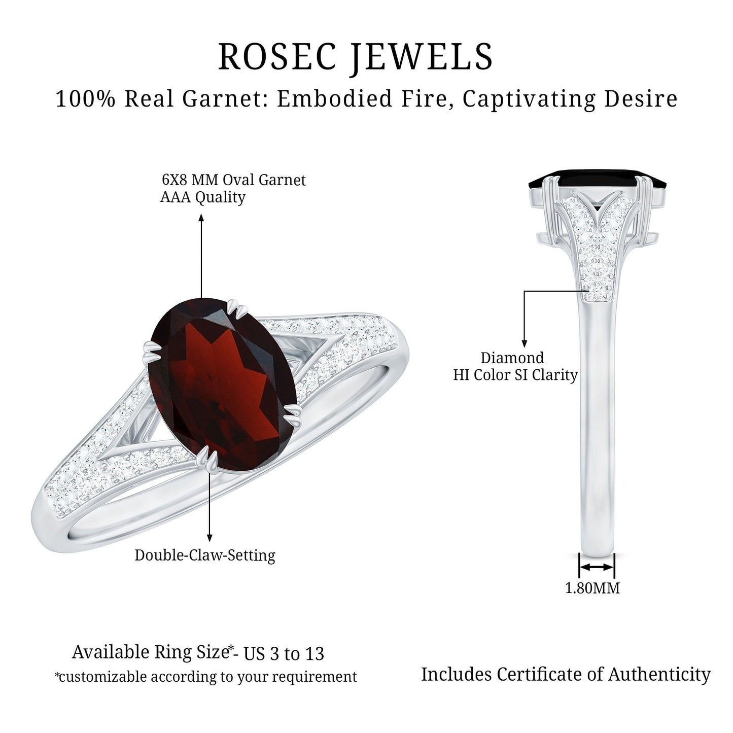 Natural 1.5 Carat Garnet Oval Engagement Ring with Diamond Split Shank
