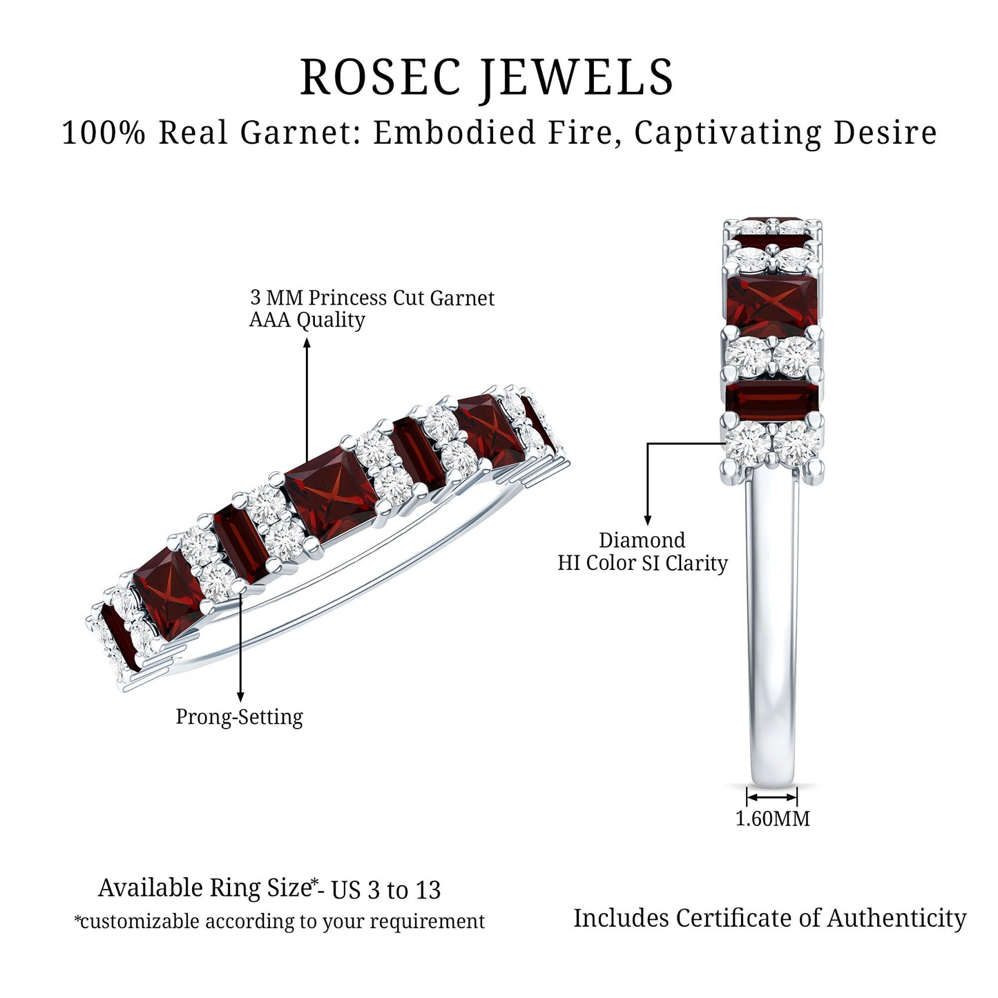 Natural Red Garnet Half Eternity Ring with Diamond