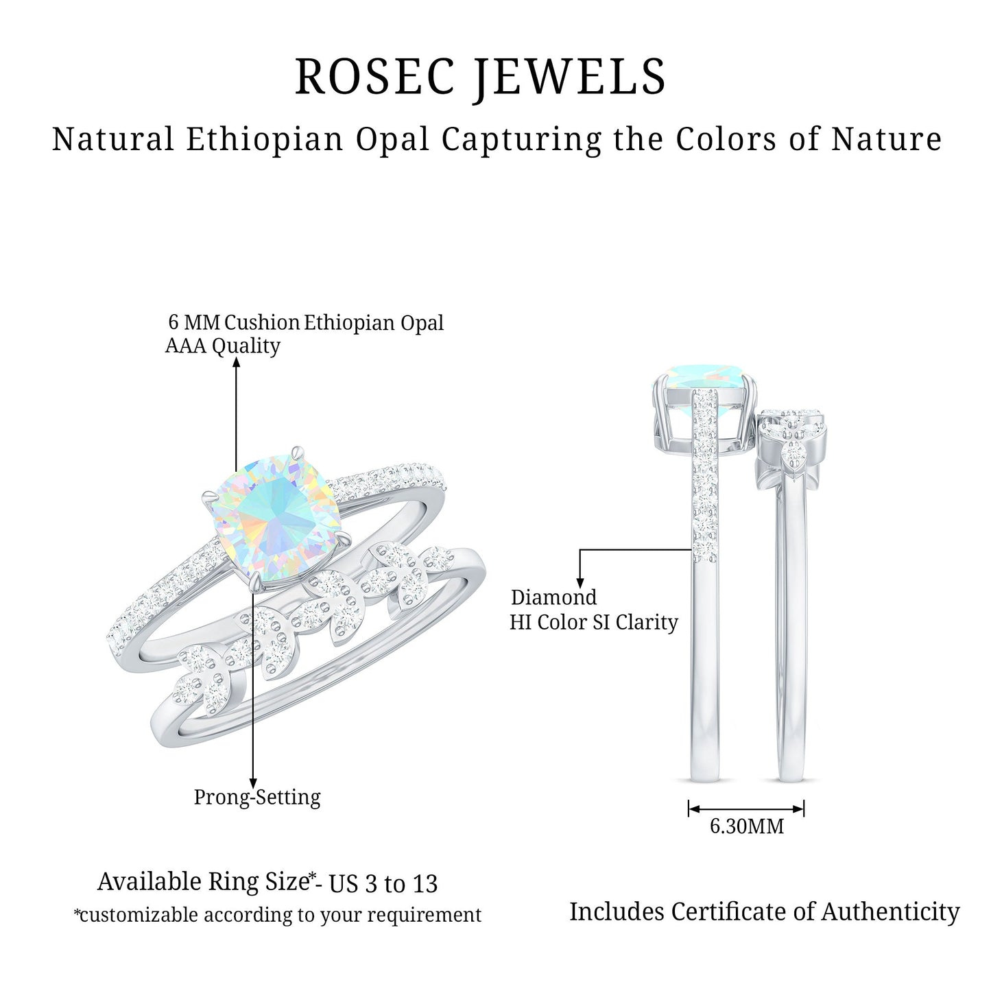0.8 Carat Cushion Cut Ethiopian Opal Solitaire Ring Set with Diamond Stackable Band