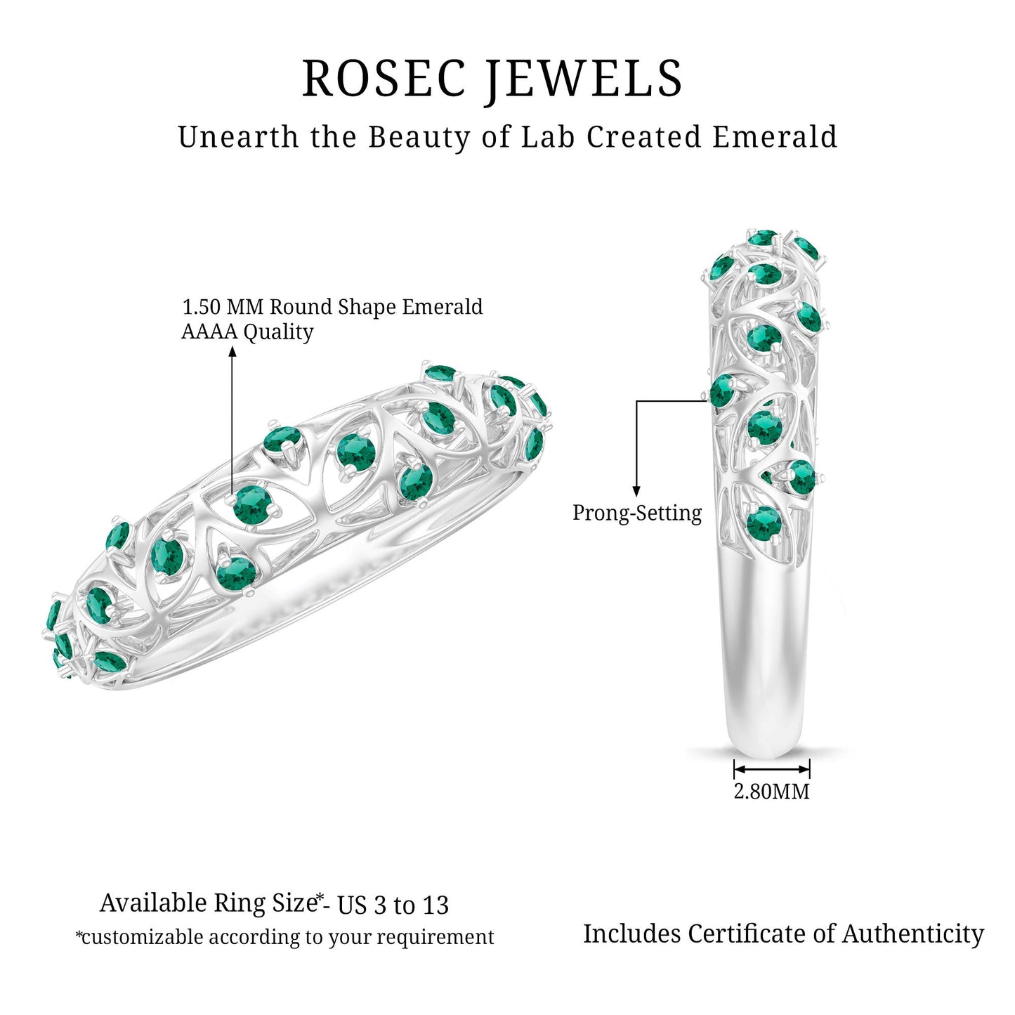 Certified Lab Grown Emerald Half Eternity Band with Filigree Details