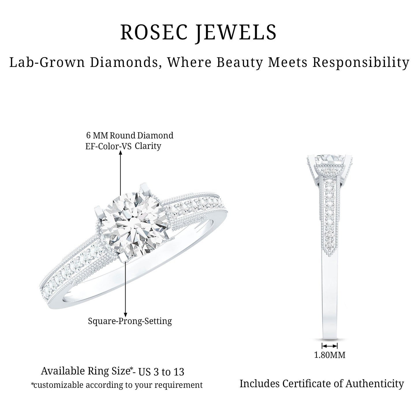 0.9 Carat Certified Lab Grown Diamond Round Engagement Ring With Side Stones