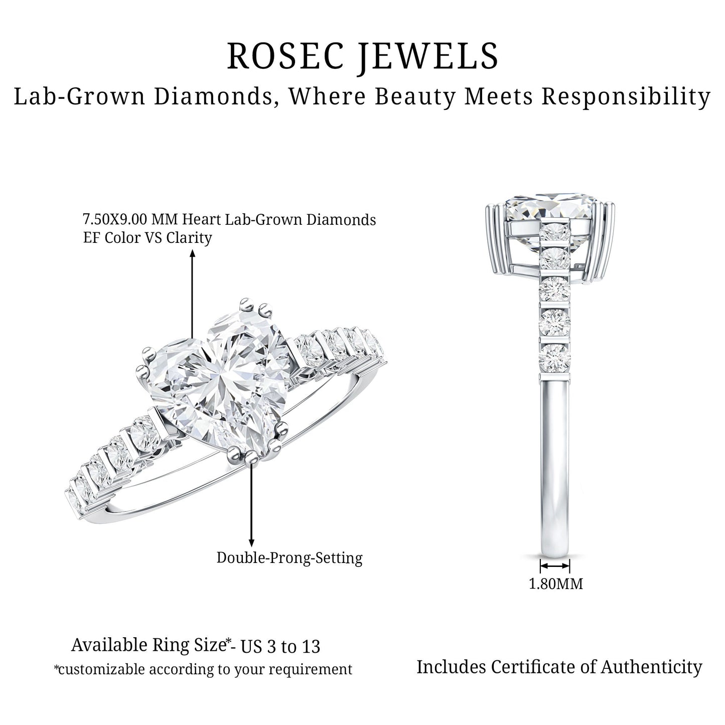 Certified 2 Carat Lab Grown Diamond Heart Engagement Ring for Her