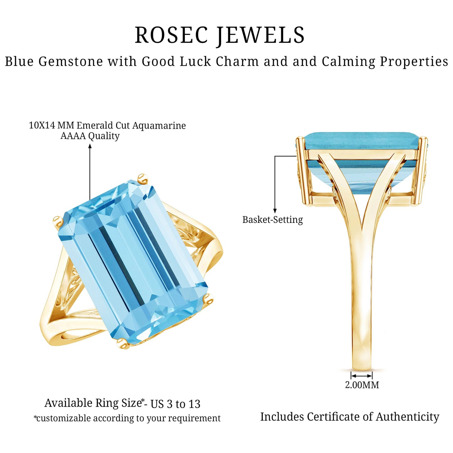 Certified 9 Carat Aquamarine Emerald Cut Engagement Ring in Yellow Gold Plated Silver