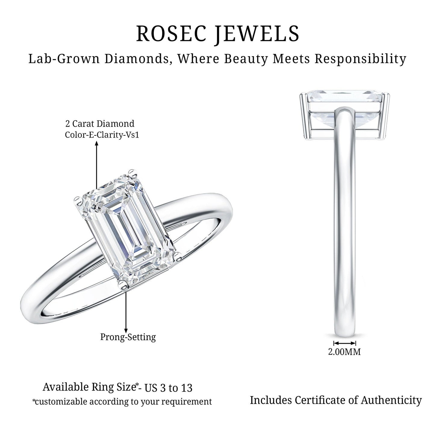 Emerald Cut 2 Carat Engagement Ring with IGI Certified Lab Diamond