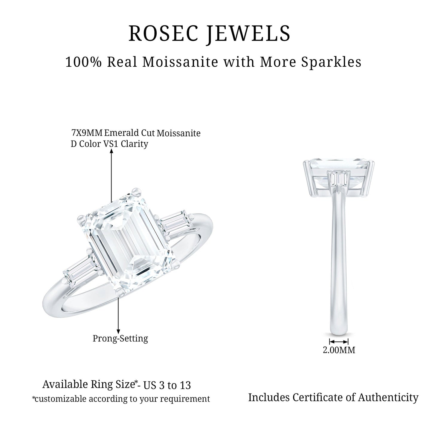 Solitaire Moissanite Emerald Cut Engagement Ring with Certificate