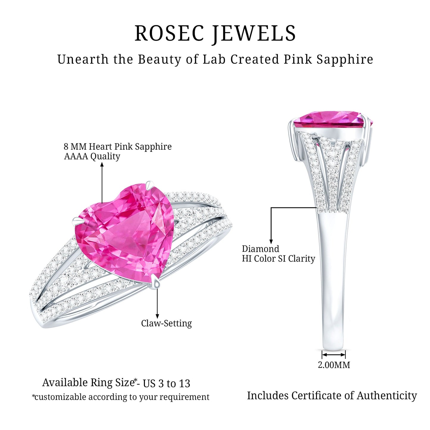 2 Carat Lab Created Pink Sapphire Heart Engagement Ring with Diamond