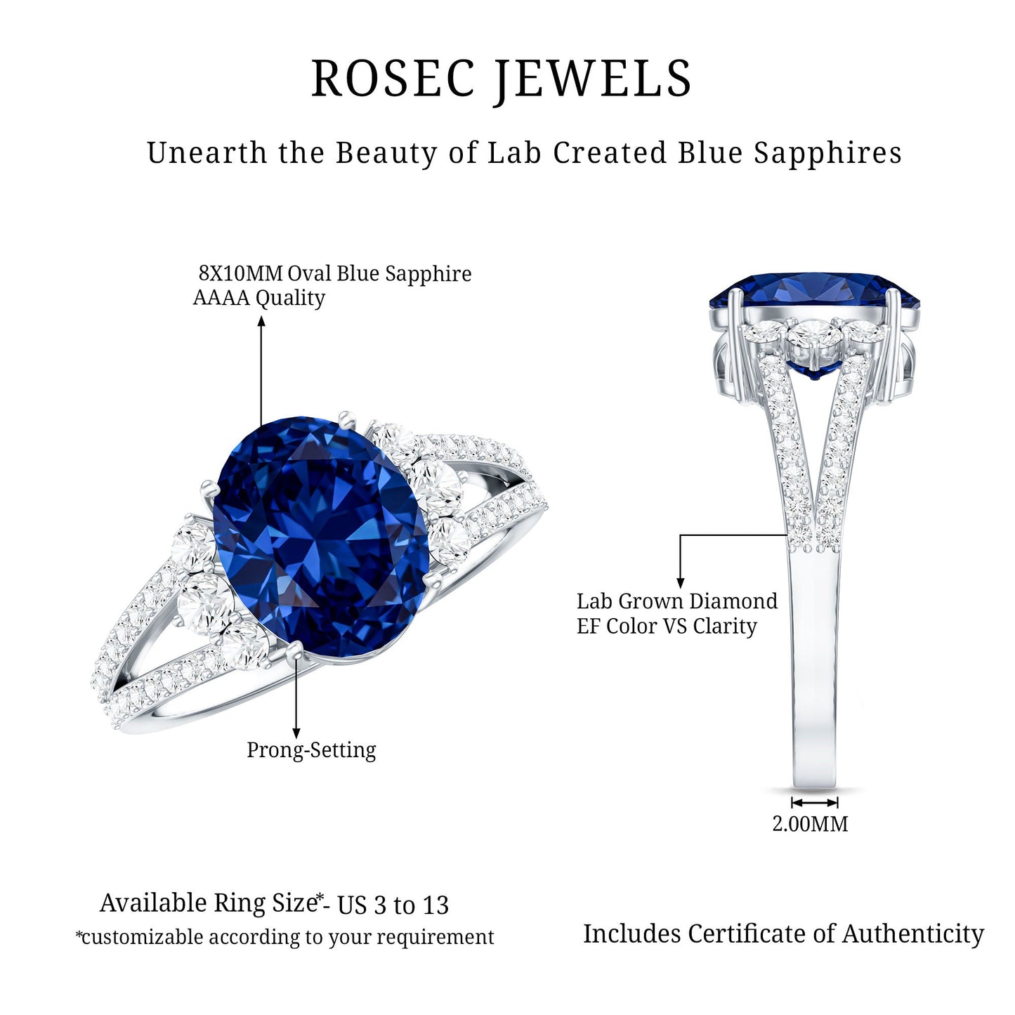 Certified 4 Carat Lab Grown Blue Sapphire Oval Engagement Ring with Diamond Split Shank