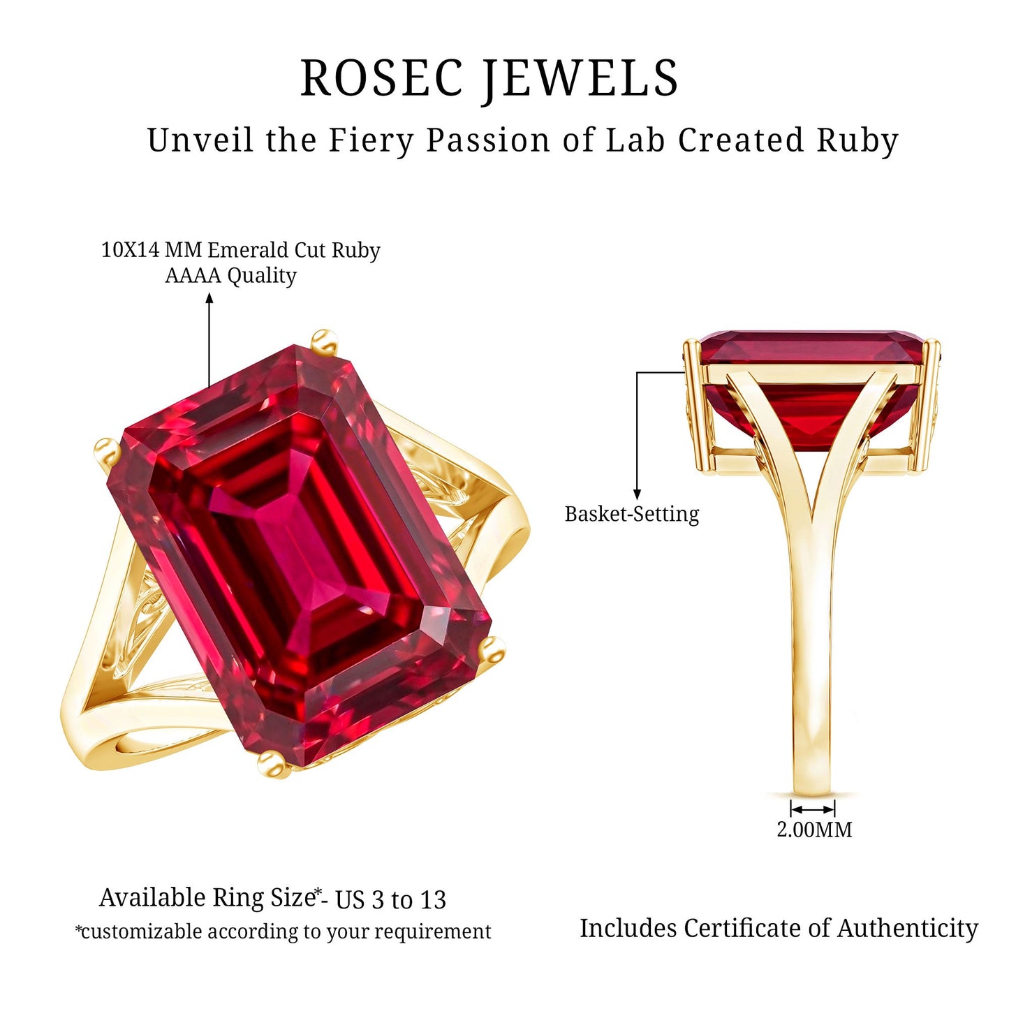 Certified 5 Carat Emerald Cut Lab Grown Ruby Engagement Ring with Split Shank