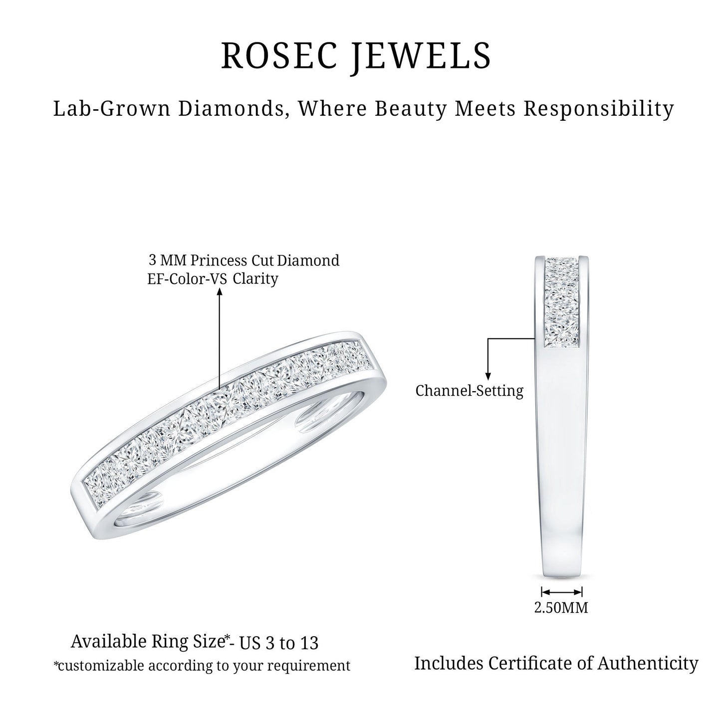 Certified Brilliant Cut Diamond Princess Cut Wedding Band