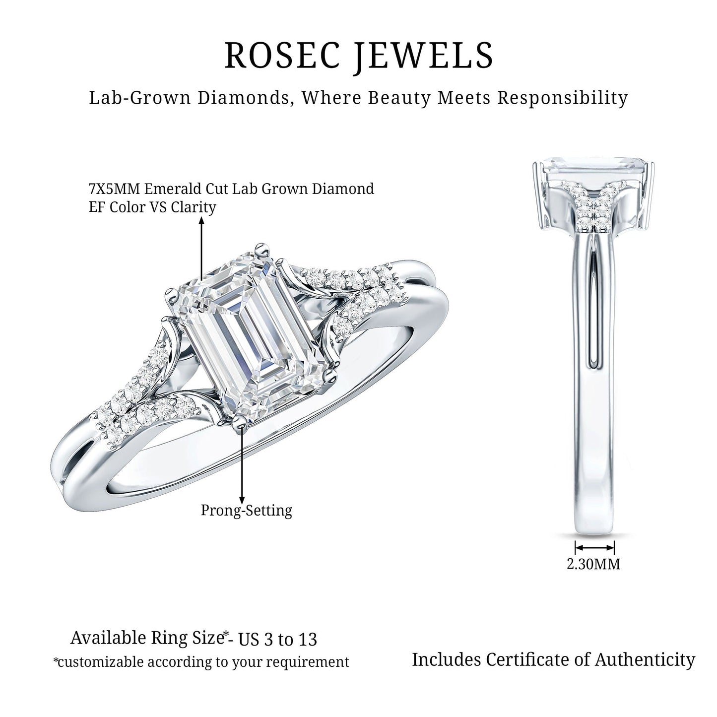 Emerald Cut Lab Diamond Engagement Ring With Split Shank Ring