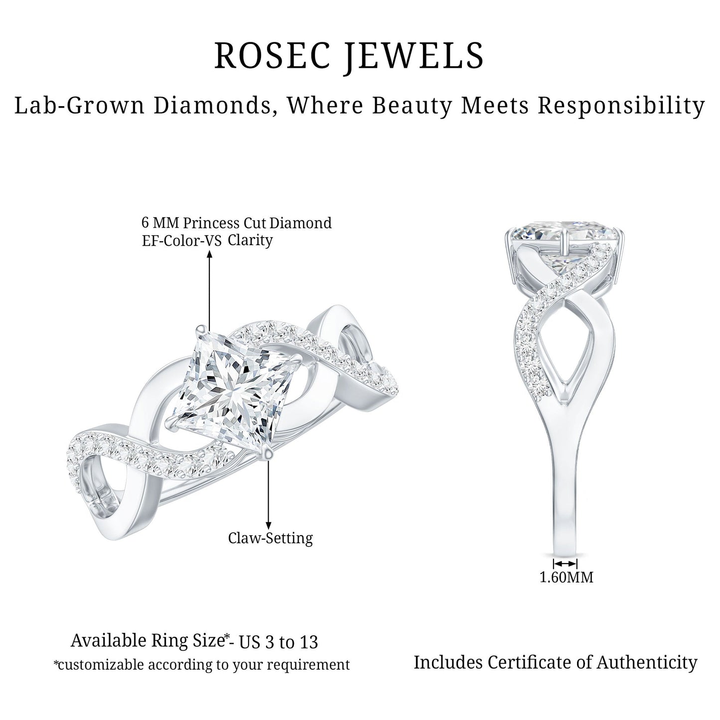 Lab Diamond Crossover Ring with Side Stones