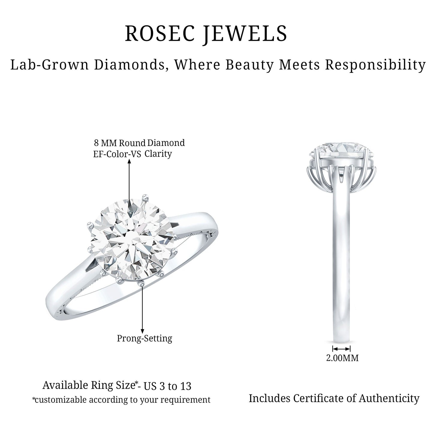 Lab Grown Diamond 2 Carat Round Engagement Ring With Certificate