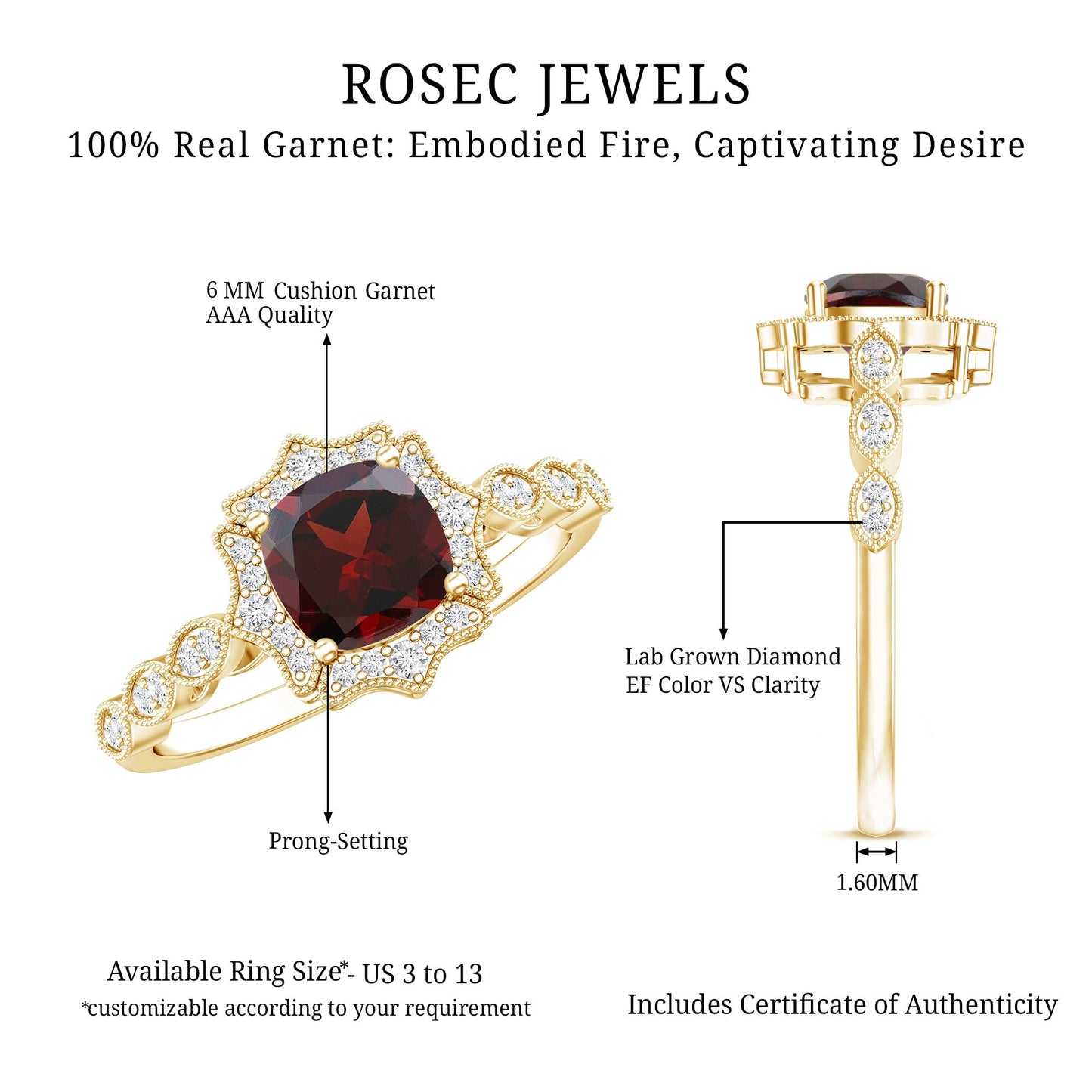 Garnet Vintage Engagement Ring with Lab Diamond Halo