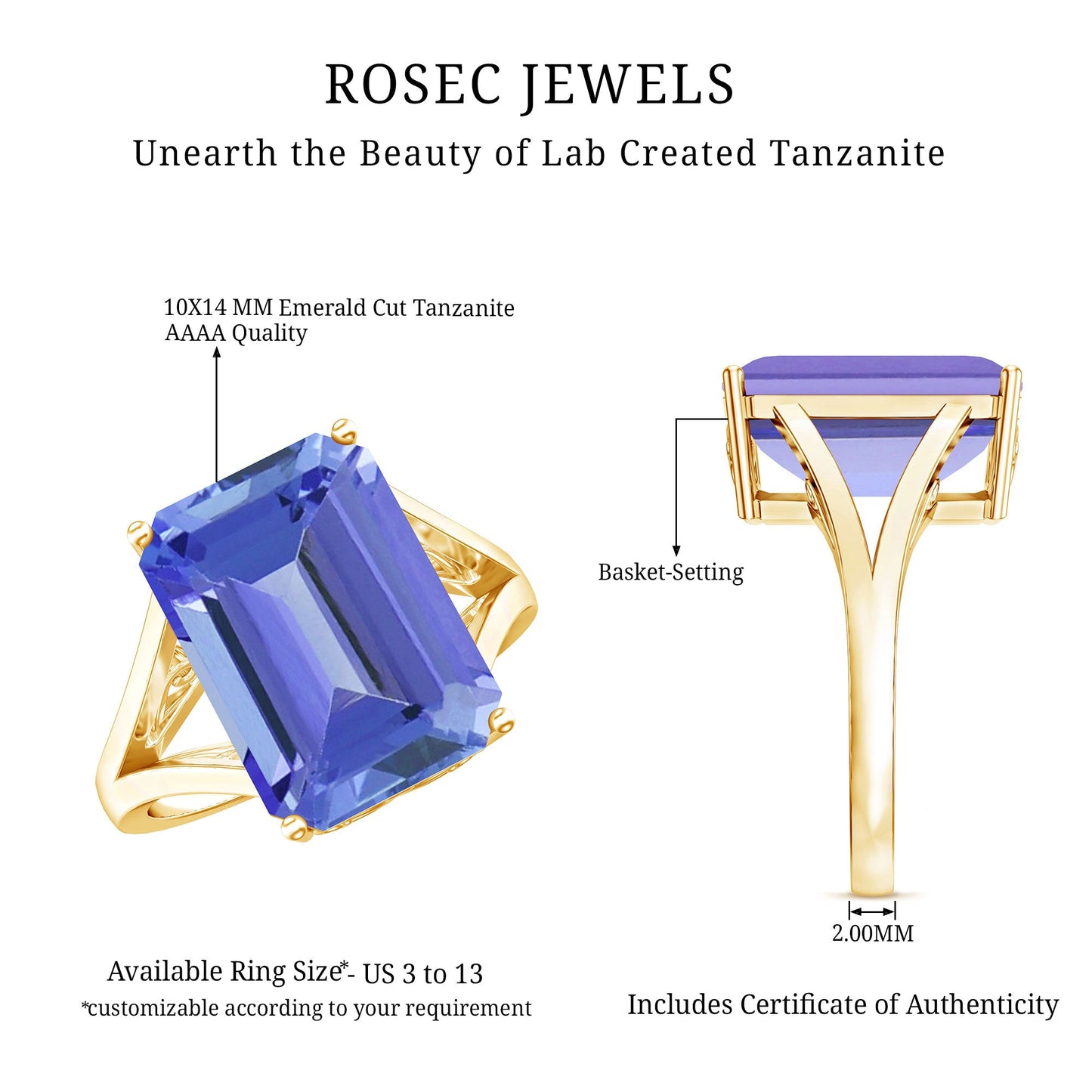 8 Carat Lab Created Tanzanite Emerald Cut Engagement Ring with Split Shank