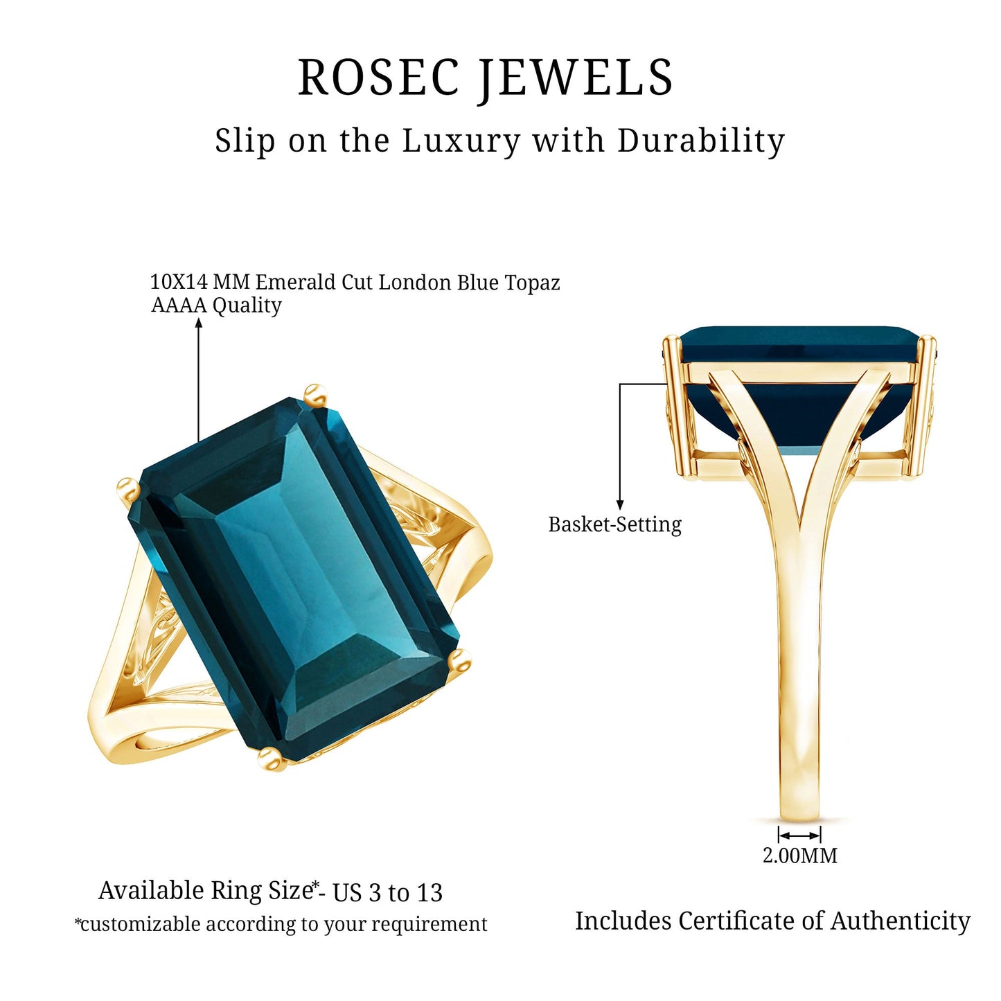 8 Carat Lab Grown London Blue Topaz Emerald Cut Engagement Ring in Silver