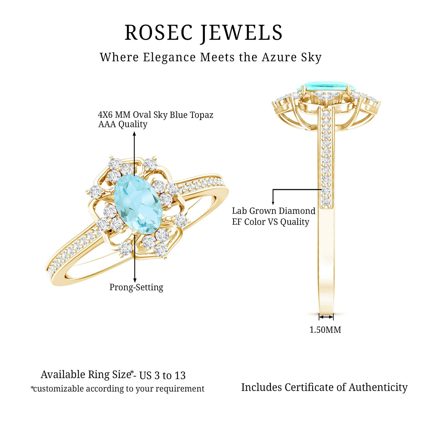 Genuine Sky Blue Topaz Vintage Engagement Ring in Gold Plated Silver