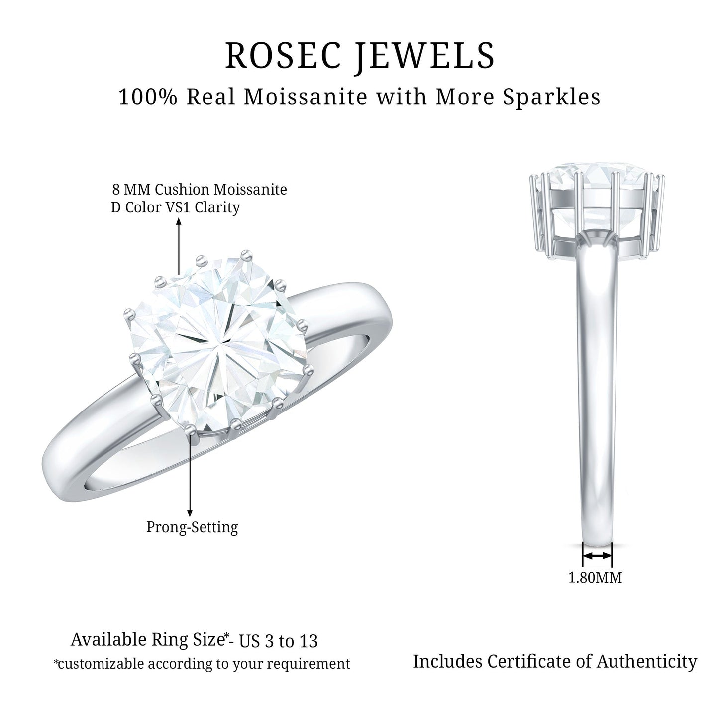 Certified 3 Carat Cushion Cut Moissanite Solitaire Engagement Ring