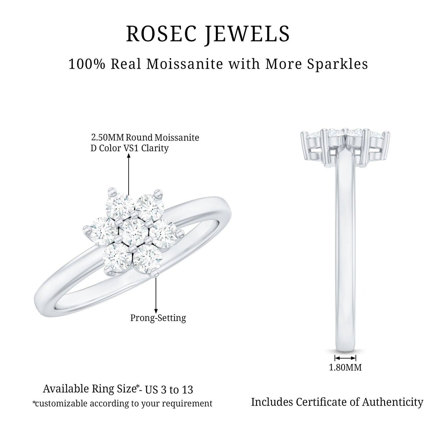 Certified Brilliant Cut Moissanite Flower Engagement Ring
