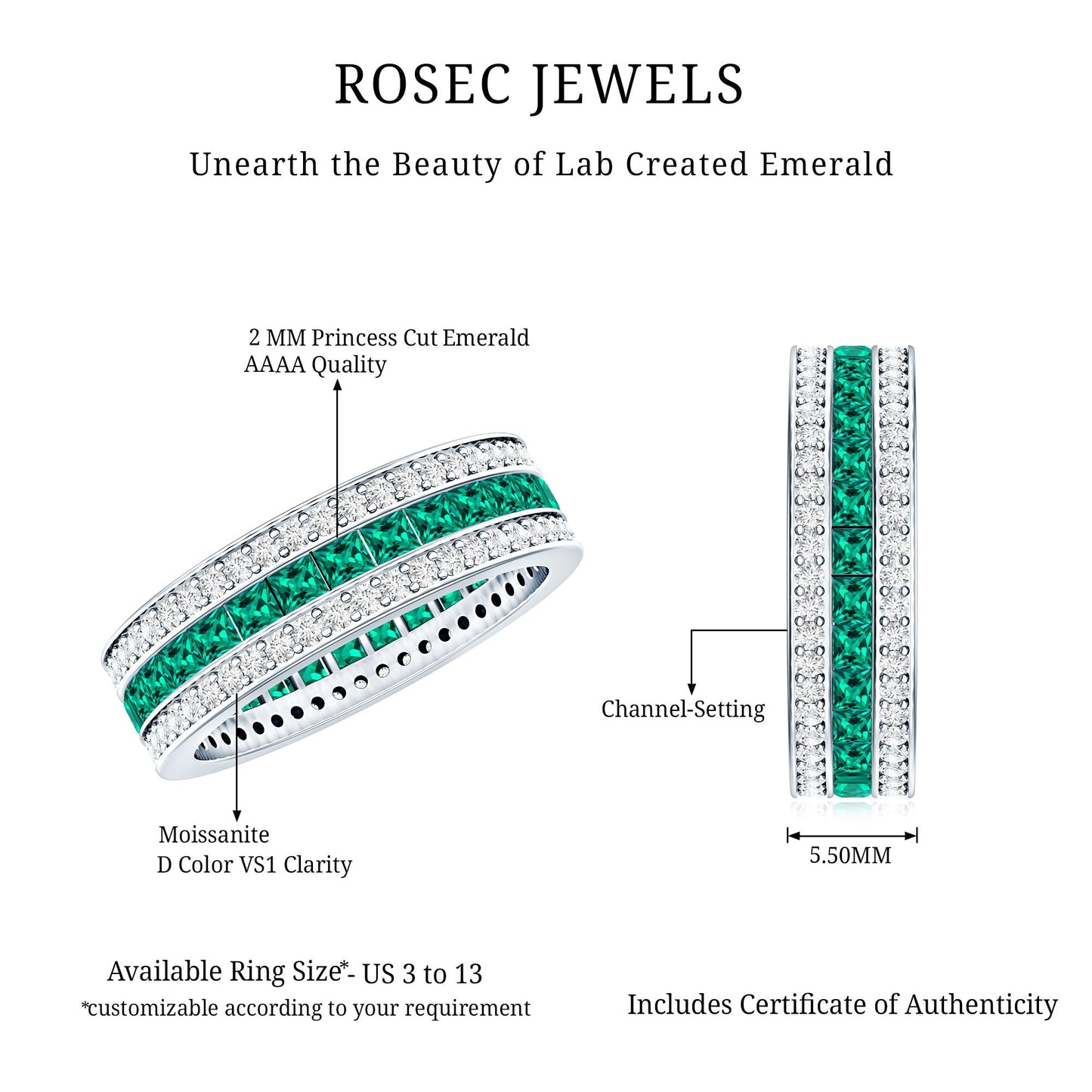 Certified Lab Grown Emerald 3 Row Eternity Wedding Band