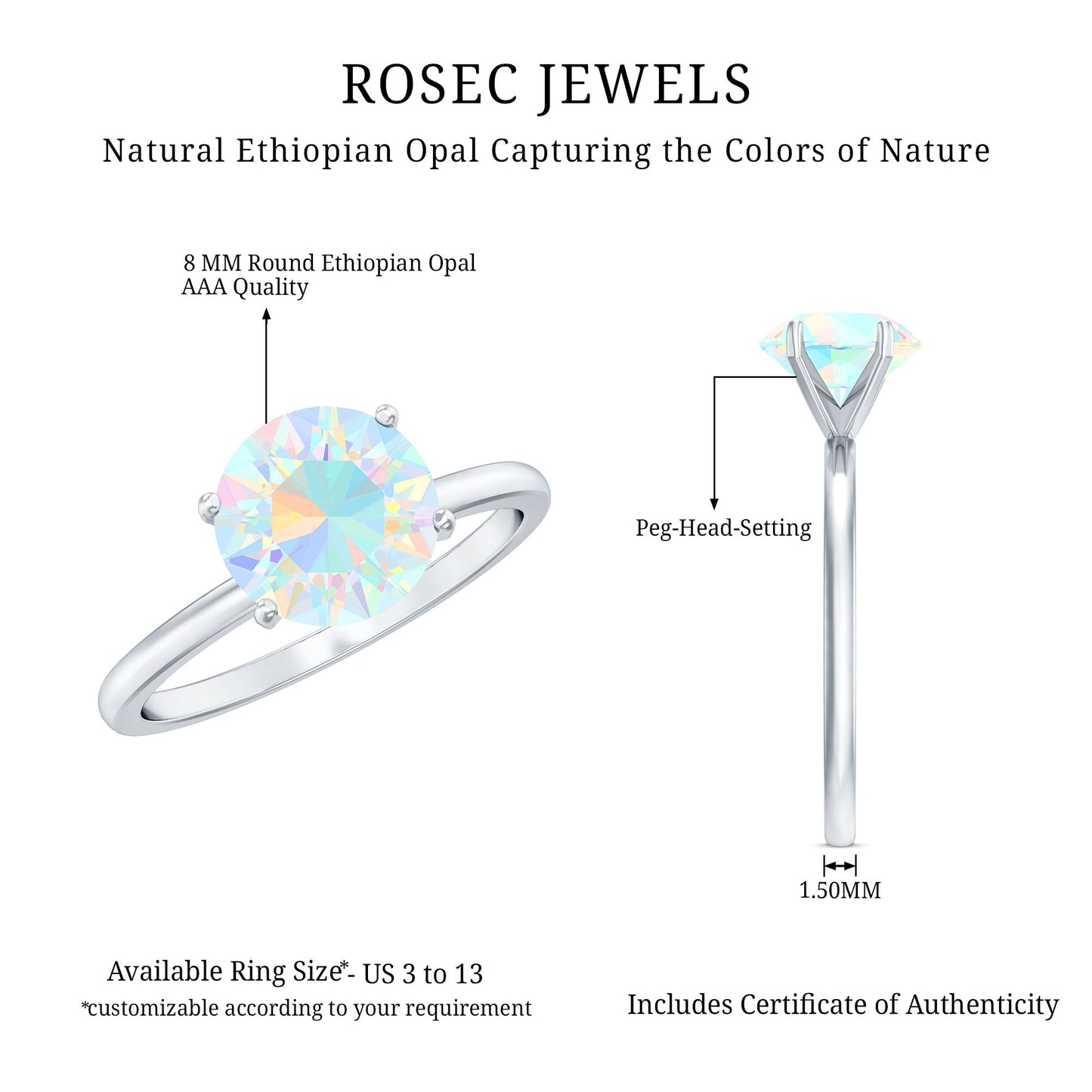 Classic 2 Carat Solitaire Ethiopian Rainbow Opal Engagement Ring