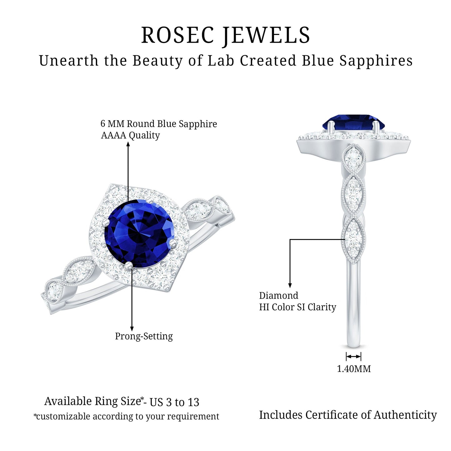 Vintage Inspired 1 Carat Lab Grown Blue Sapphire Engagement Ring with Diamond Halo