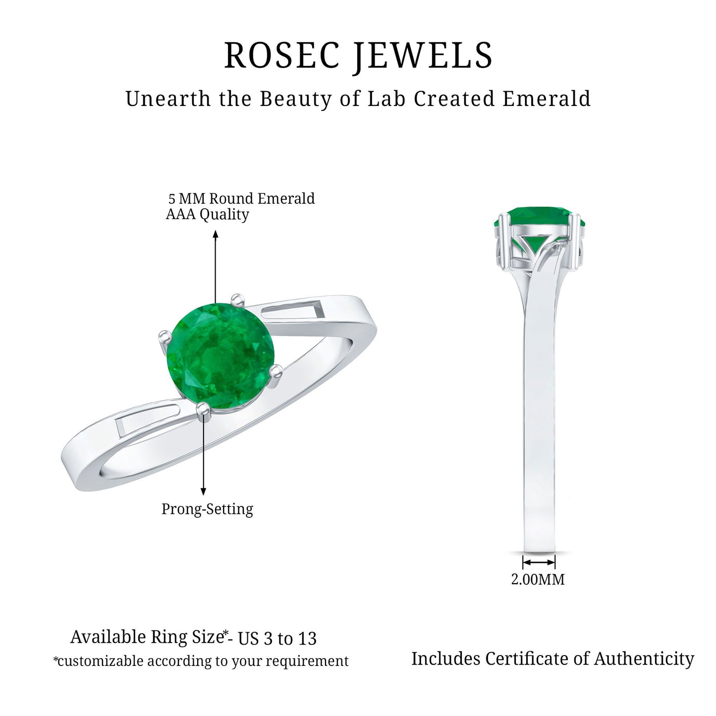 Round Emerald Solitaire Engagement Ring in Bypass Shank