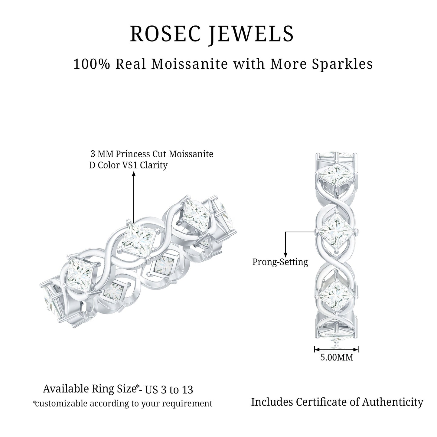 Certified Princess Cut Moissanite Wedding Band Ring