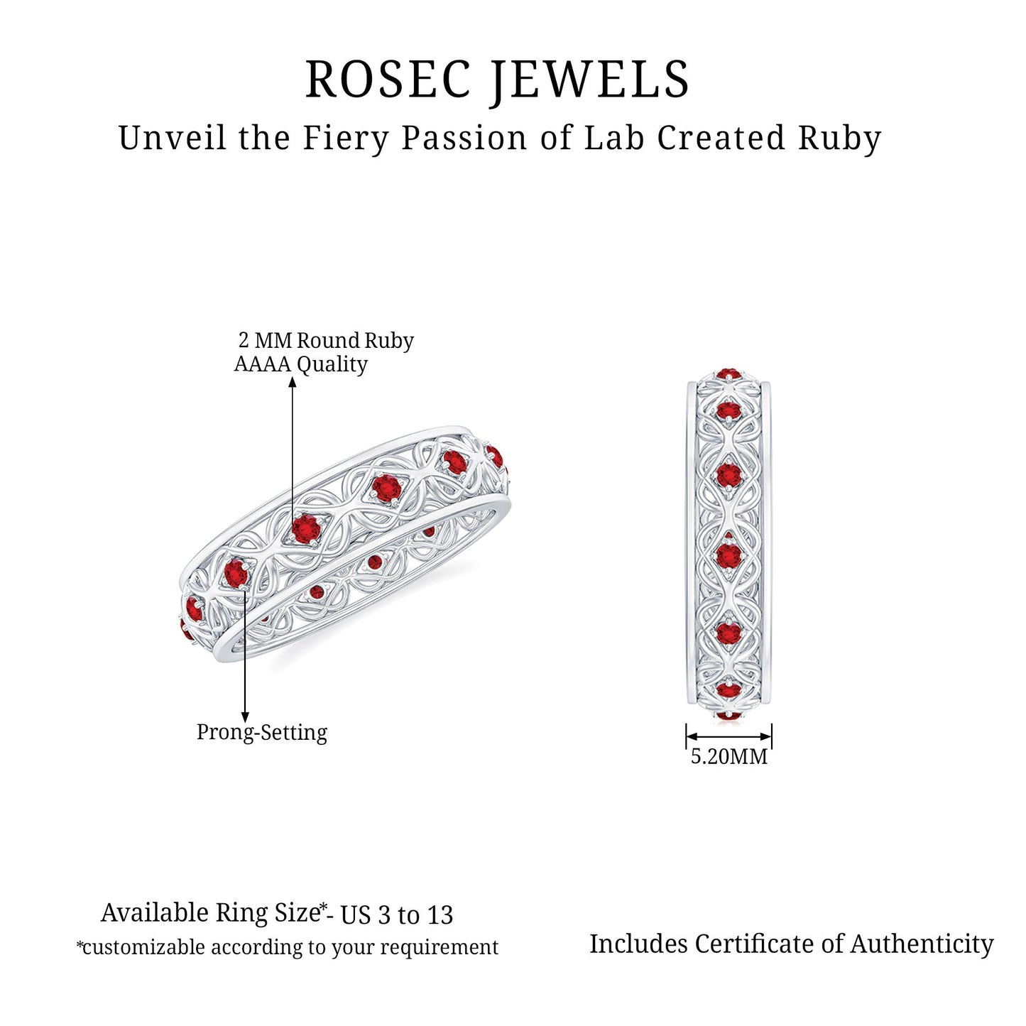Vintage Style Lab Created Ruby Celtic Wedding Band with Certificate