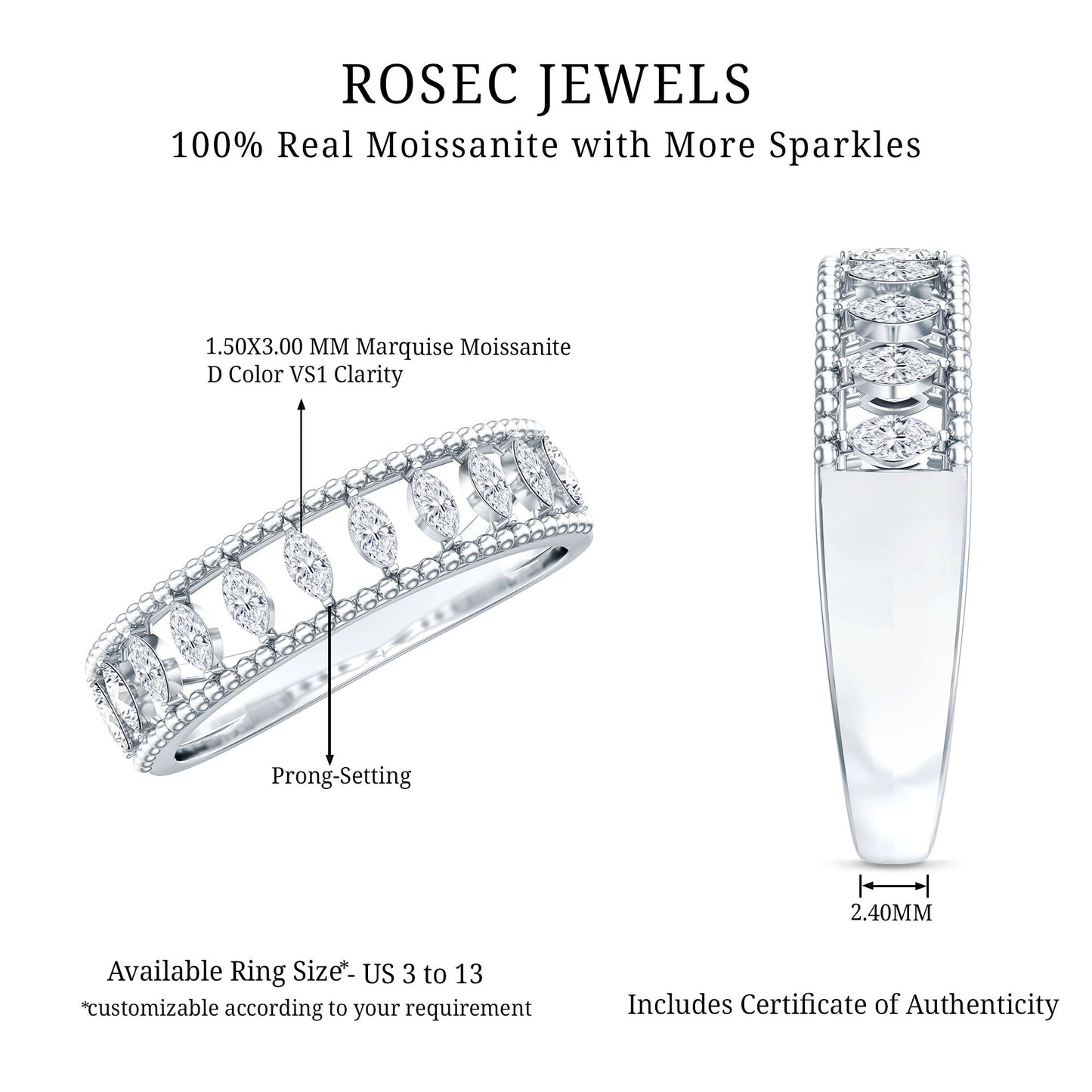 Marquise Moissanite Half Eternity Band Ring