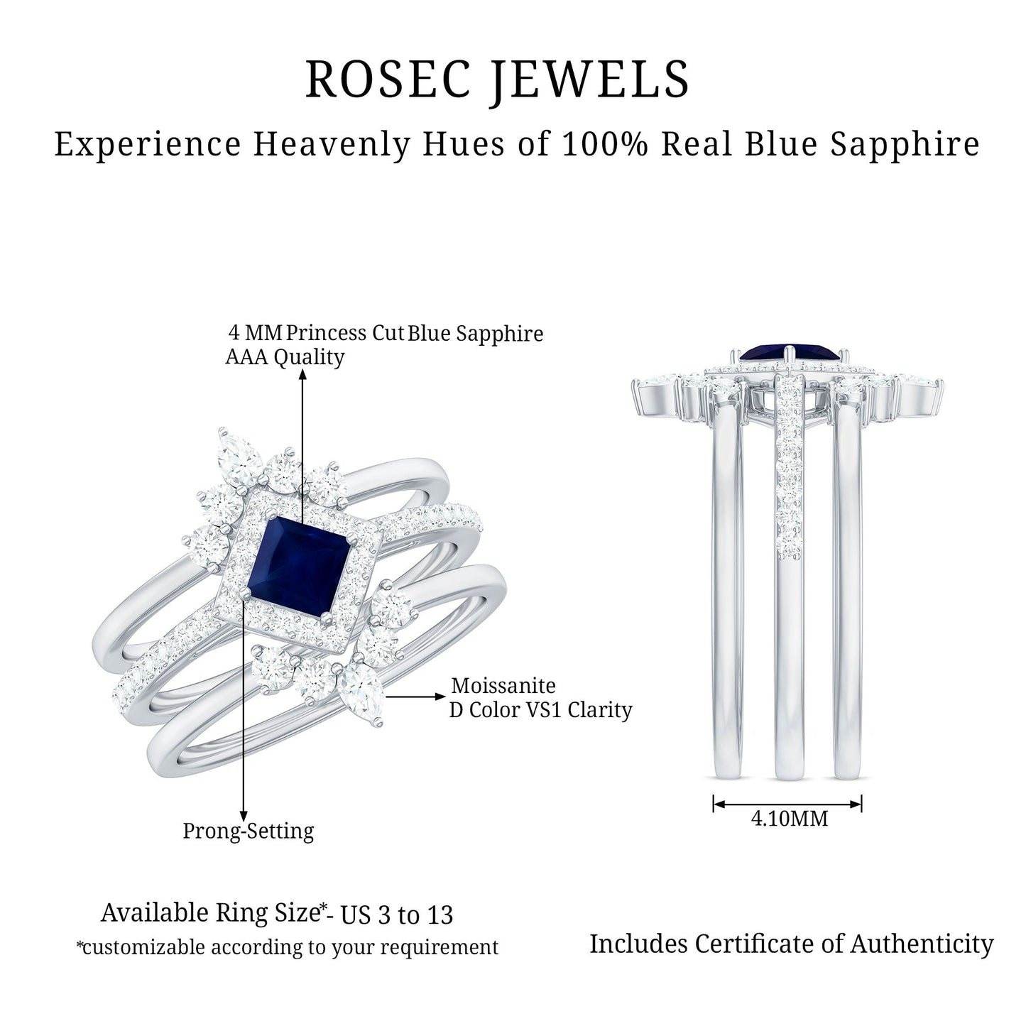 0.4 Carat Princess Cut Blue Sapphire Bridal Ring Set with Moissanite Halo