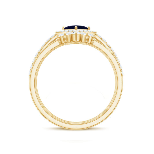 0.4 Carat Princess Cut Blue Sapphire Bridal Ring Set with Moissanite Halo