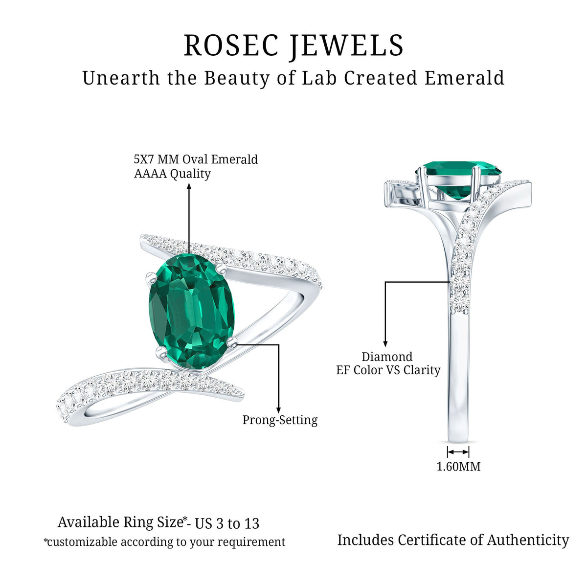 Oval Shaped 5X7 MM Lab Grown Emerald Bypass Engagement Ring