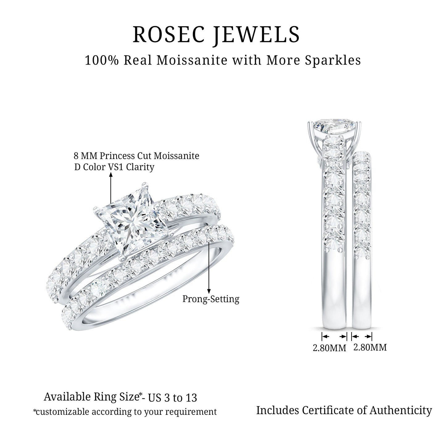 Princess Cut Moissanite Engagement Ring with Wedding Band