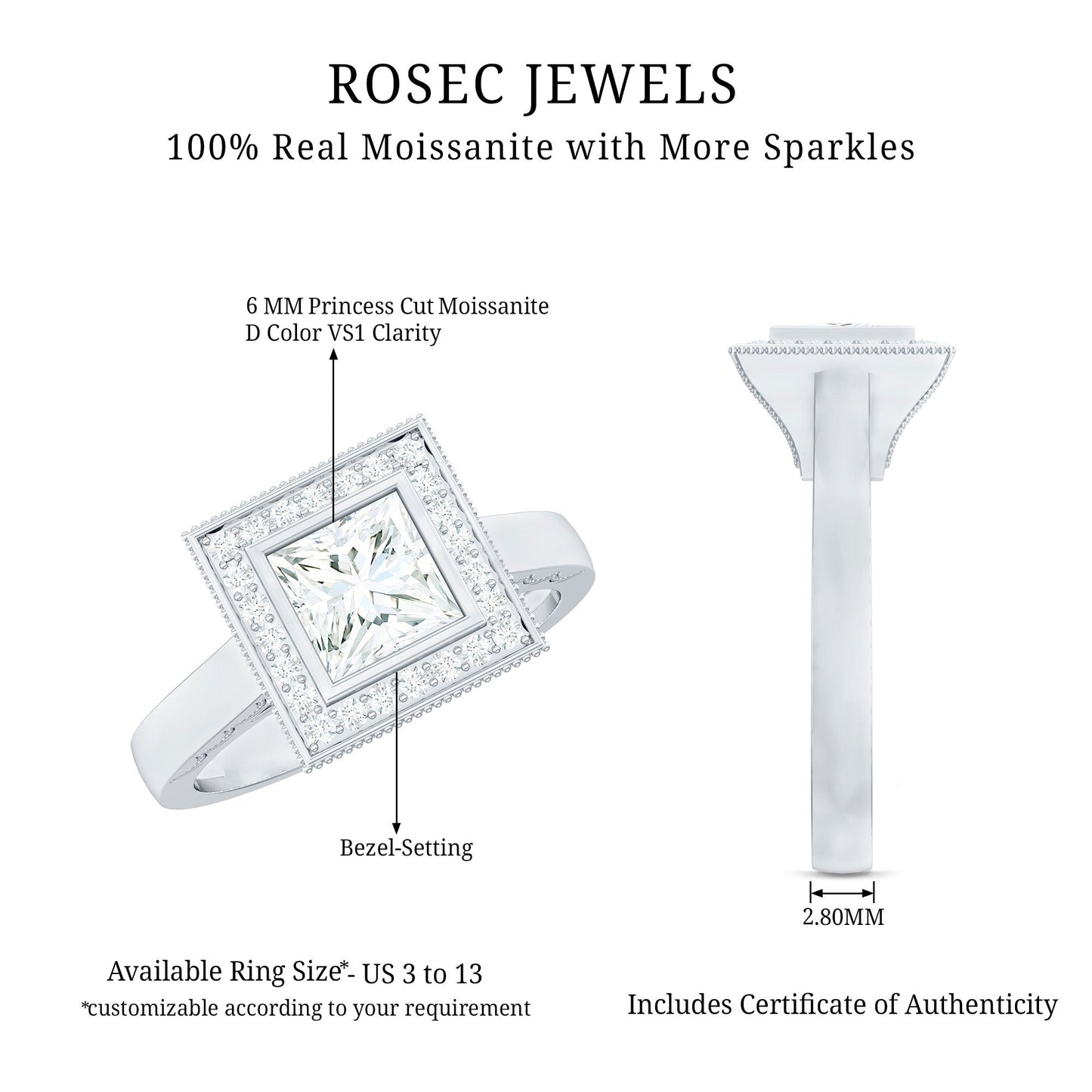 Princess Cut Moissanite Halo Engagement Ring with Milgrain Detail
