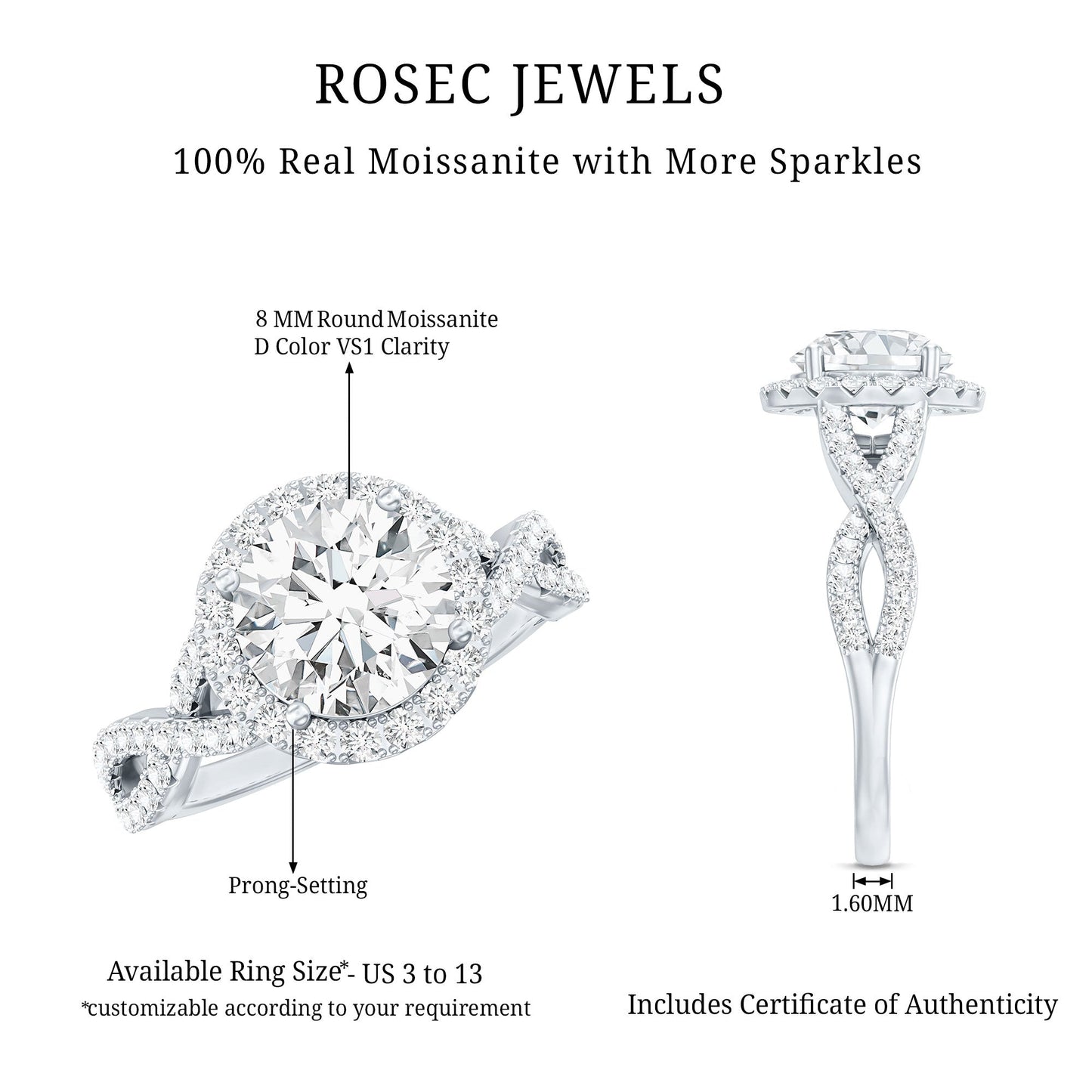 2 CT Moissanite Crossover Engagement Ring with Halo